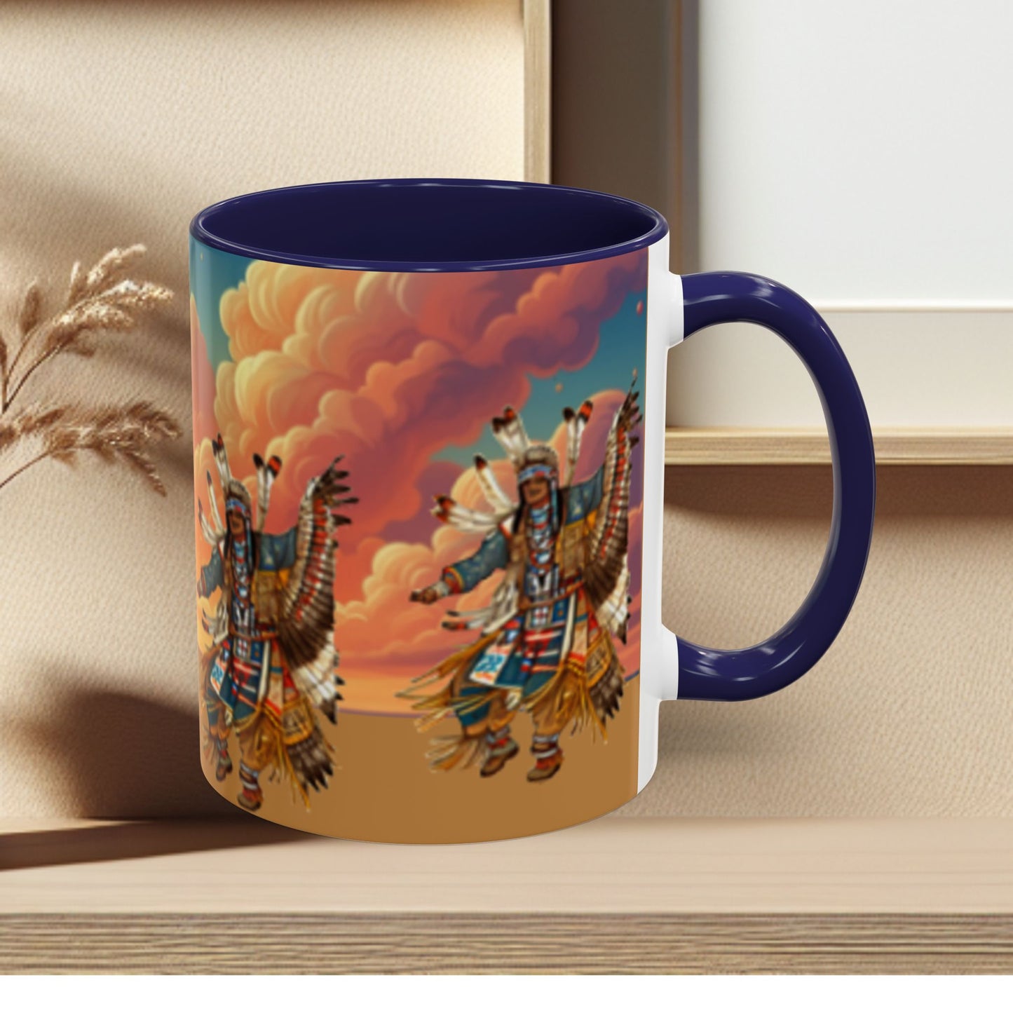 Sunset Powwow Ceramic Mug — Native American Dancer Accent Coffee Mug (11/15oz)