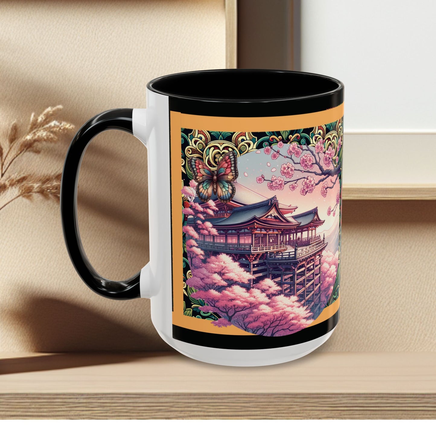 Mug - Sakura Butterfly Coffee Mug with Cherry Blossoms and a Rose