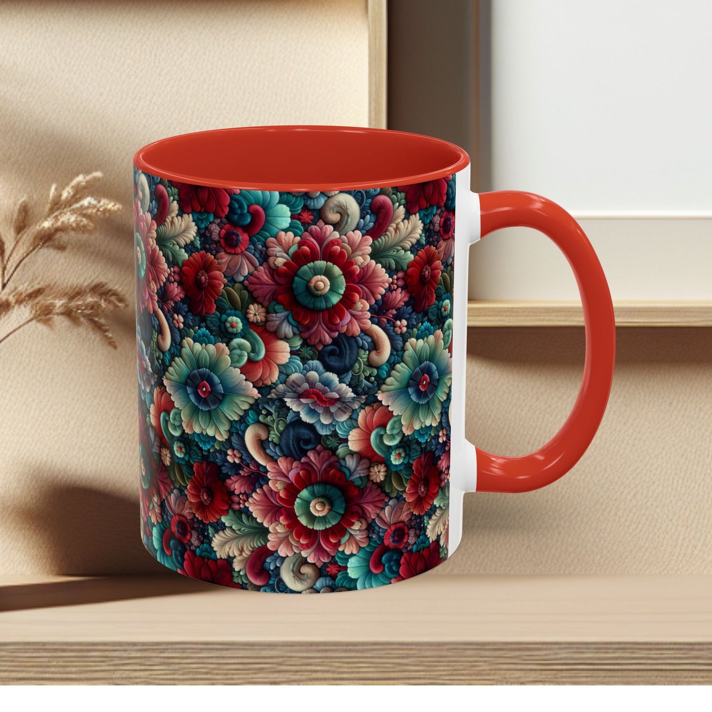 Beautiful Floral Pattern Accent Coffee Mug — Vibrant Vintage Bloom Design (11/15oz)