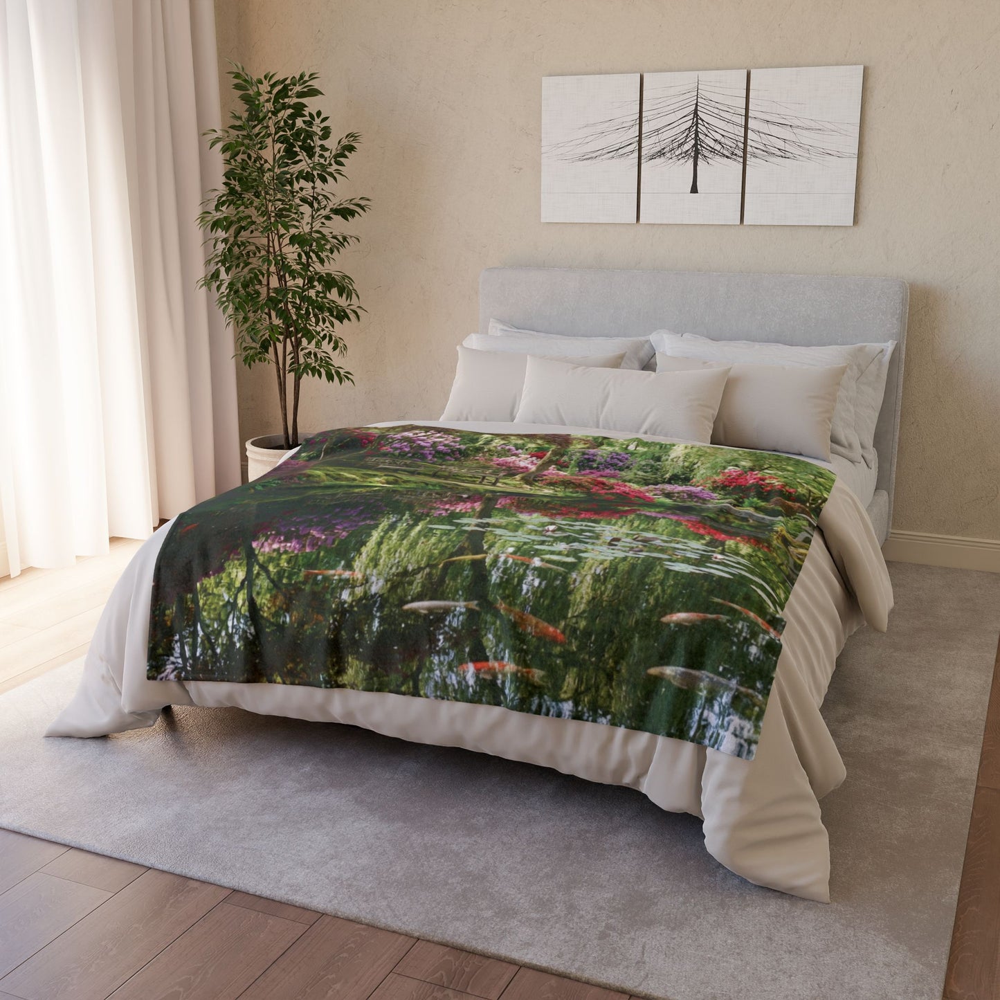 Japanese Garden Koi Pond Blanket – Floral Tranquility Throw