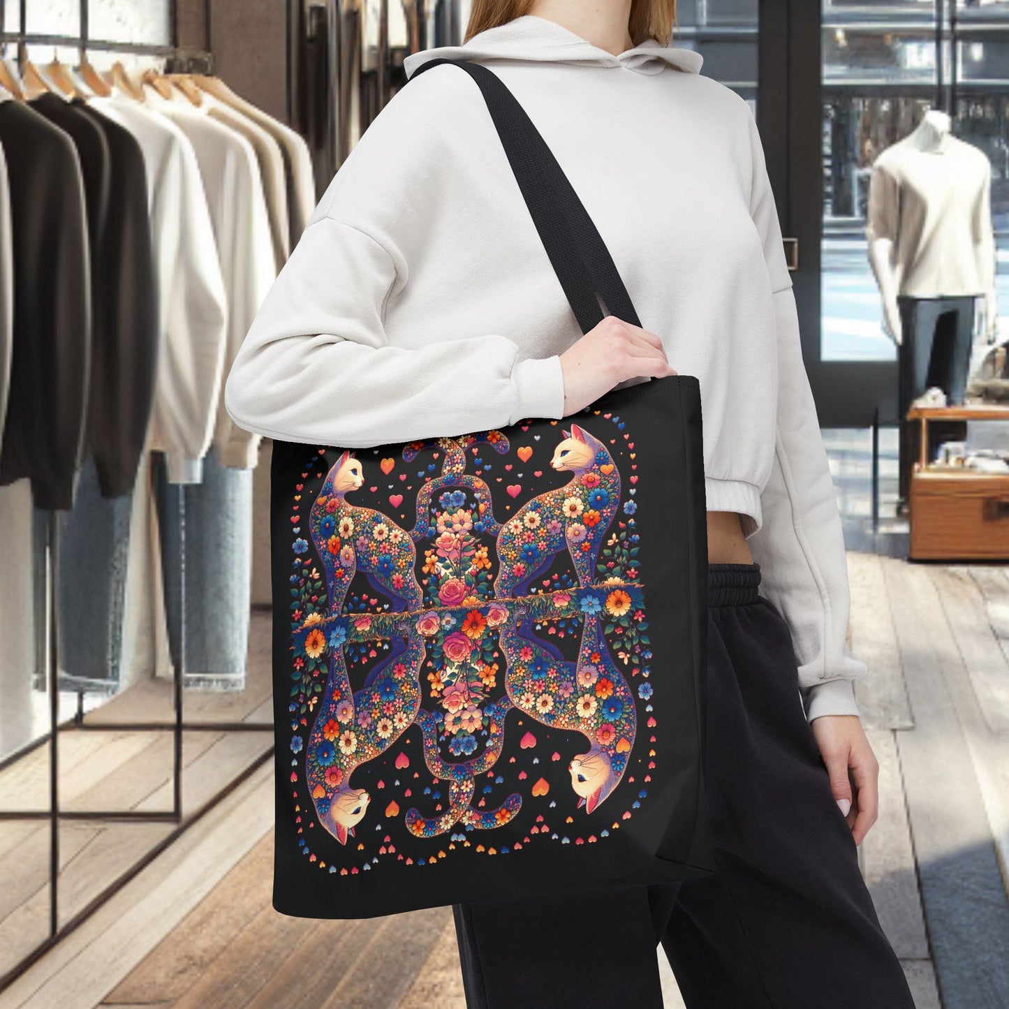 Mosaic Loving Cat Black Tote Bag (AOP)
