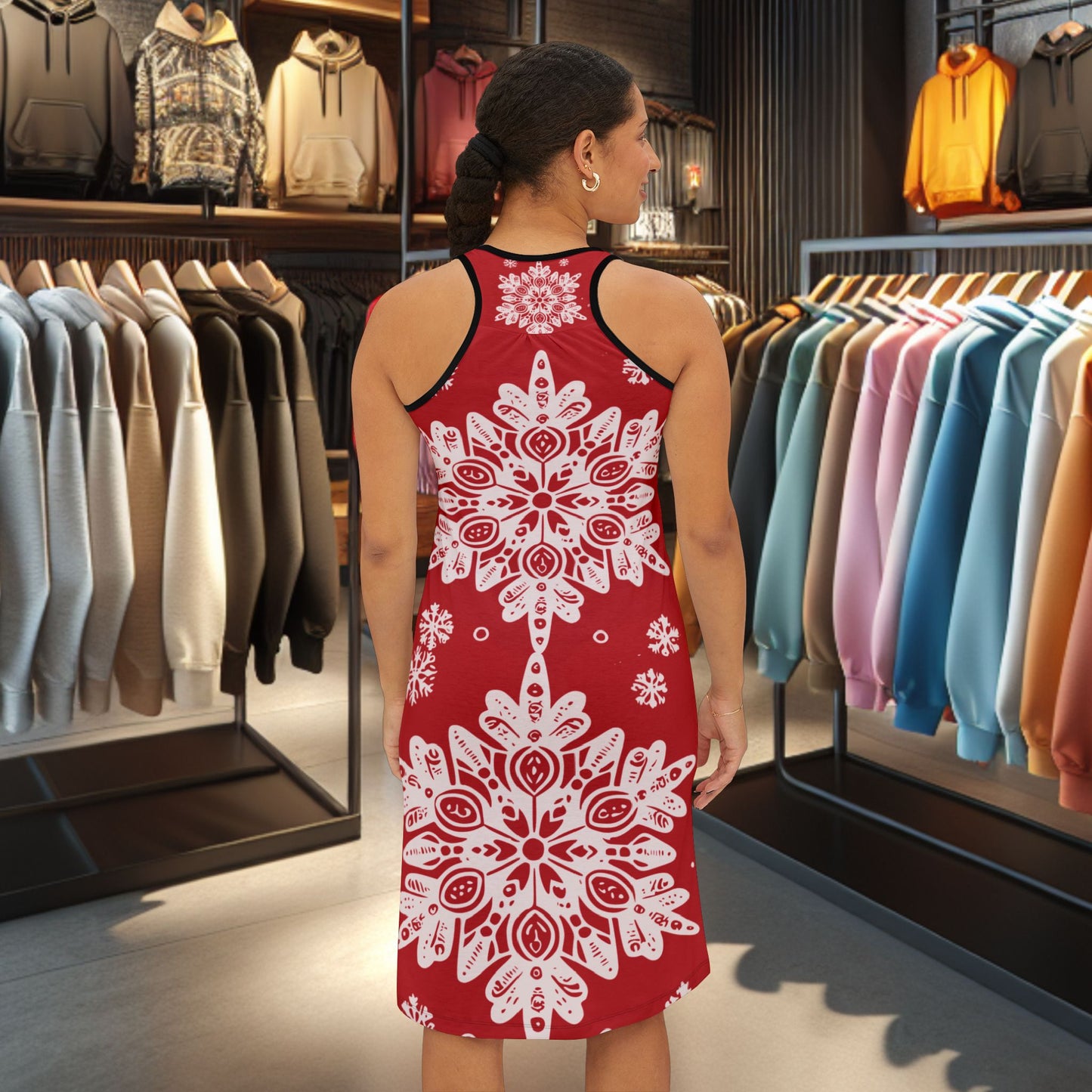 Festive Racerback Red Dress with Snowflakes