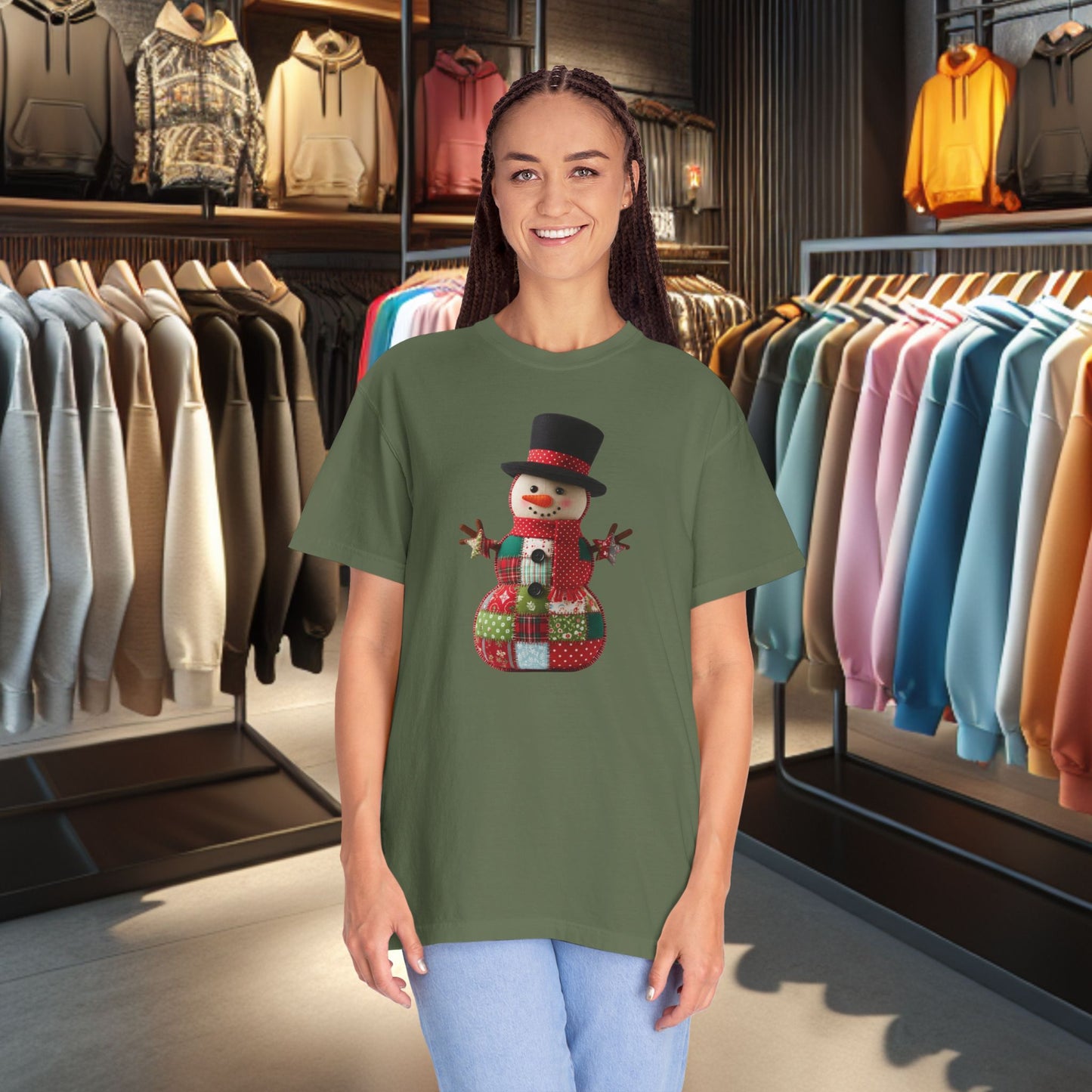 Patchwork Snowman T-Shirt — "Faux Patchwork" Garment-Dyed