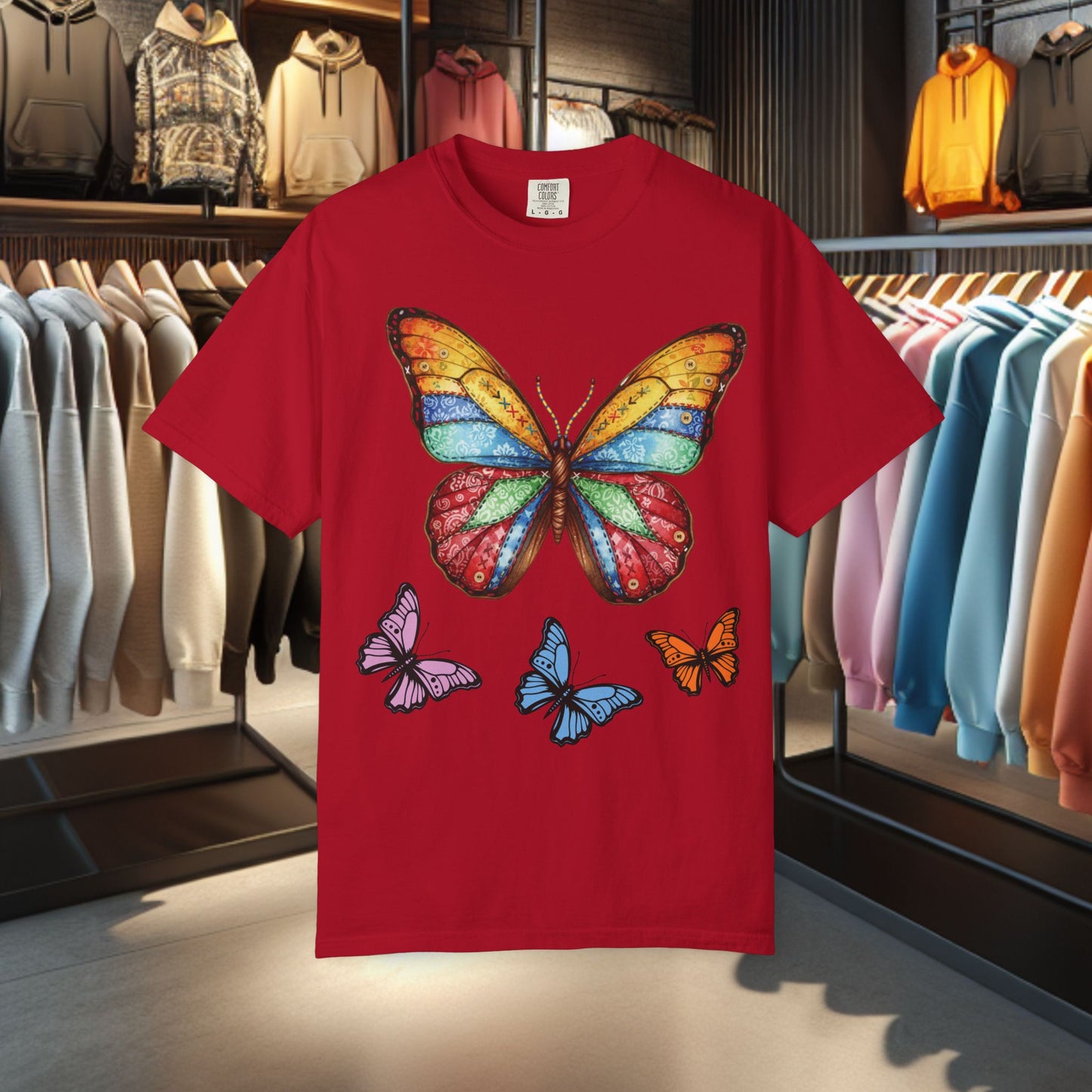 Bright Colorful Patchwork Butterfly T-Shirt — pho Patchwork Garment-Dyed Top