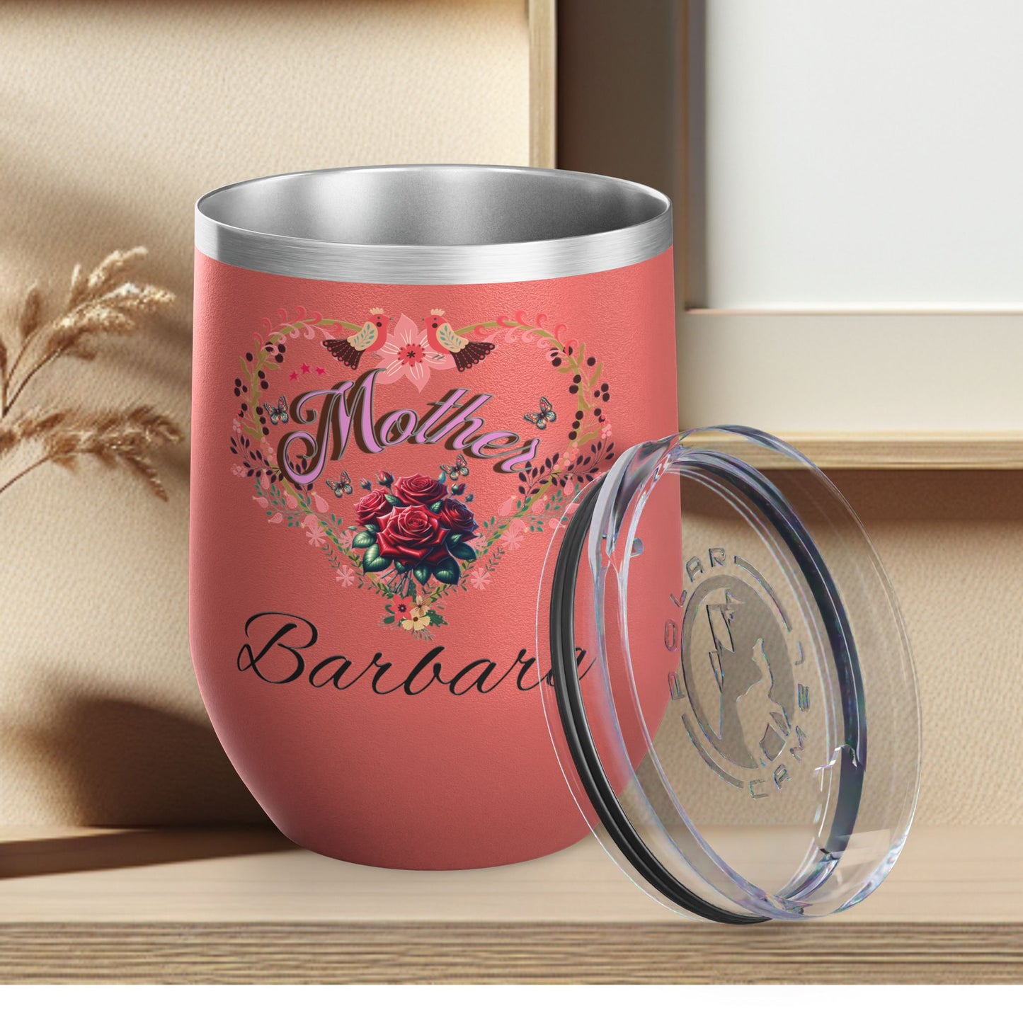 Personalized Mother’s Wine Tumbler - 12oz Floral Heart Design
