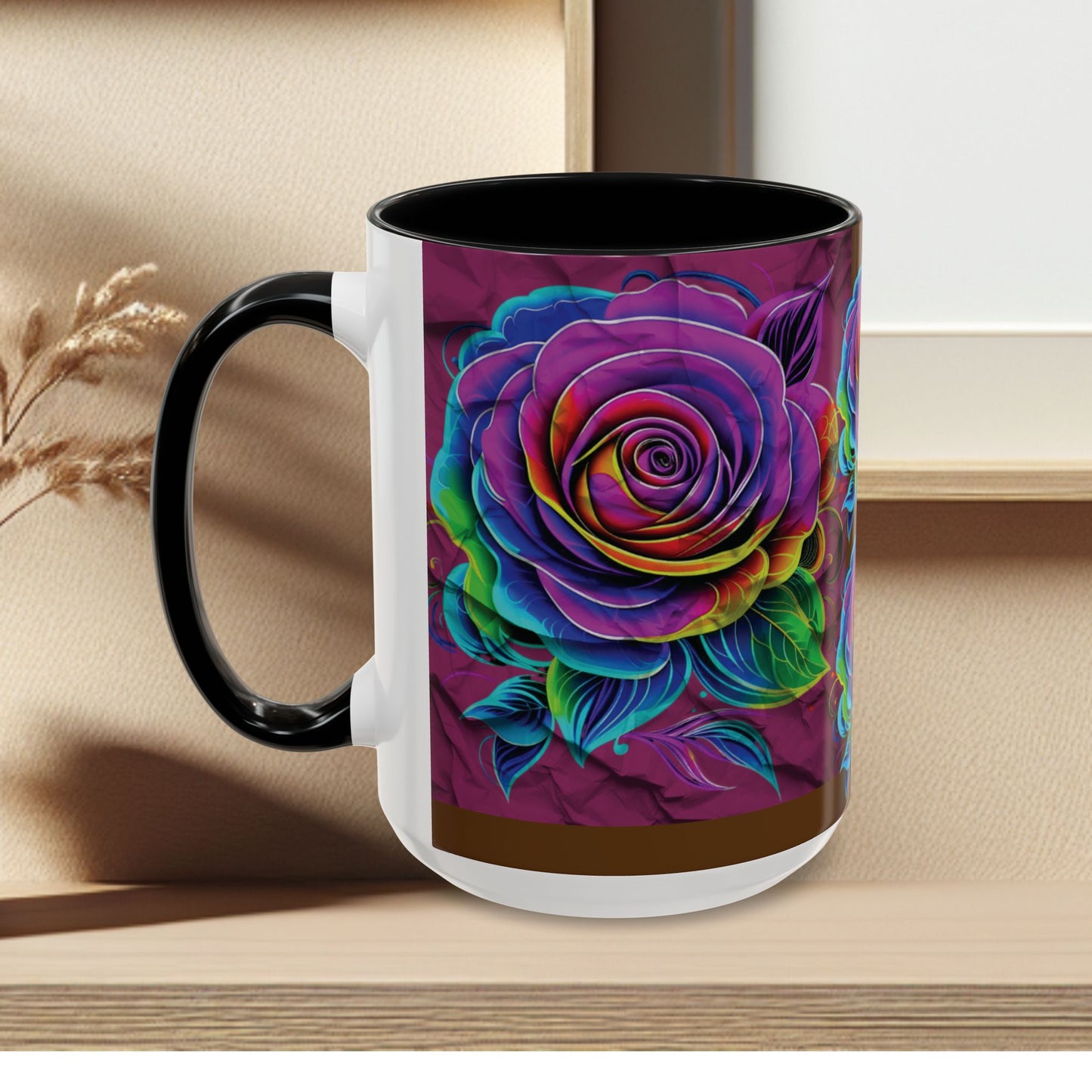 Rainbow Rose Accent Coffee Mug — Colorful Floral 11/15oz