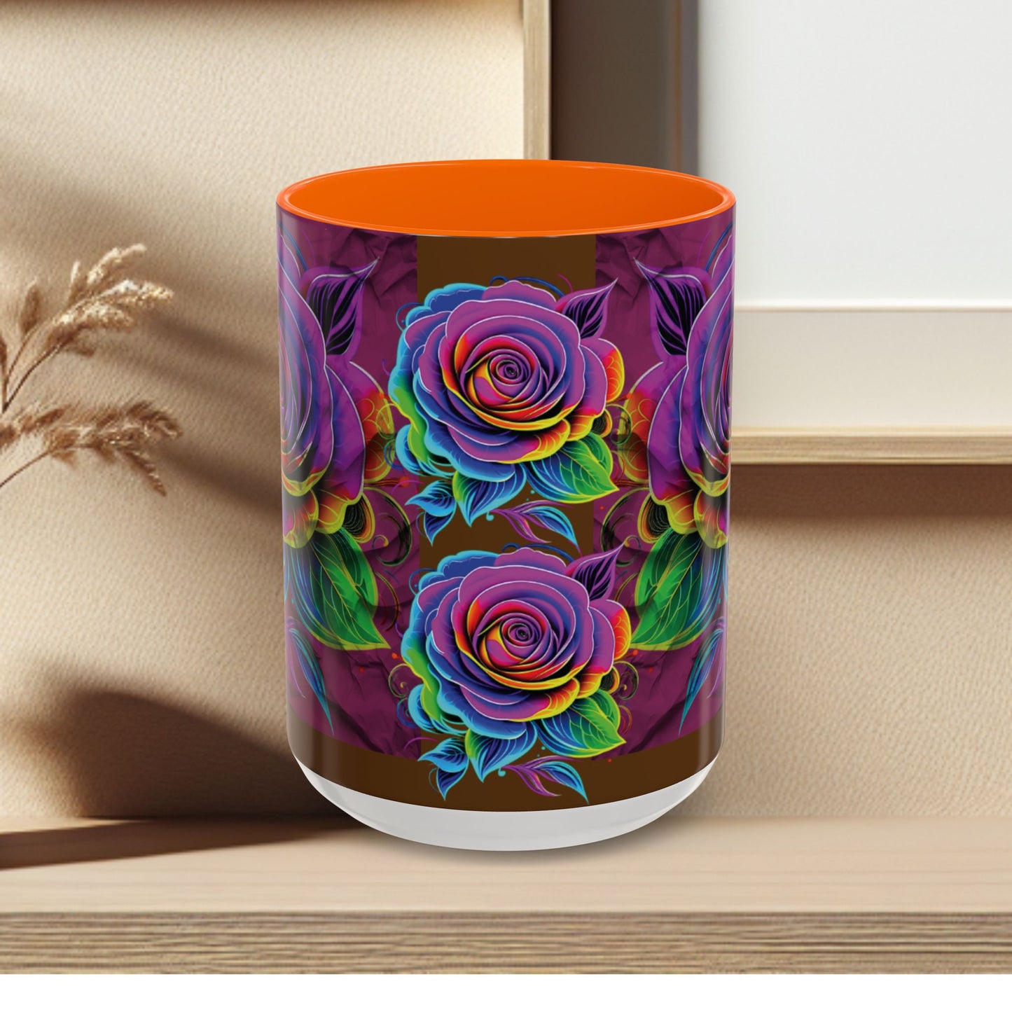 Rainbow Rose Accent Coffee Mug — Colorful Floral 11/15oz