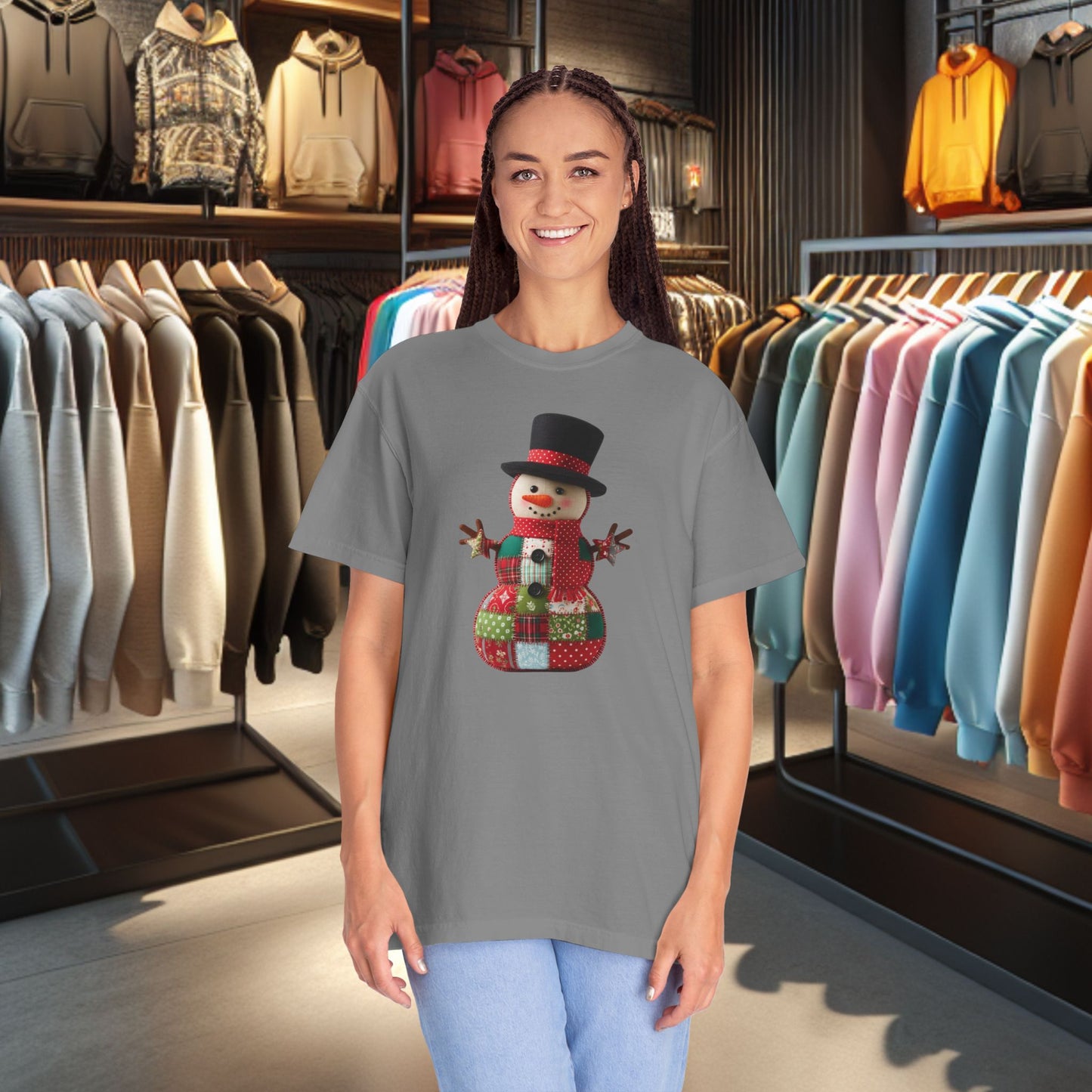 Patchwork Snowman T-Shirt — "Faux Patchwork" Garment-Dyed