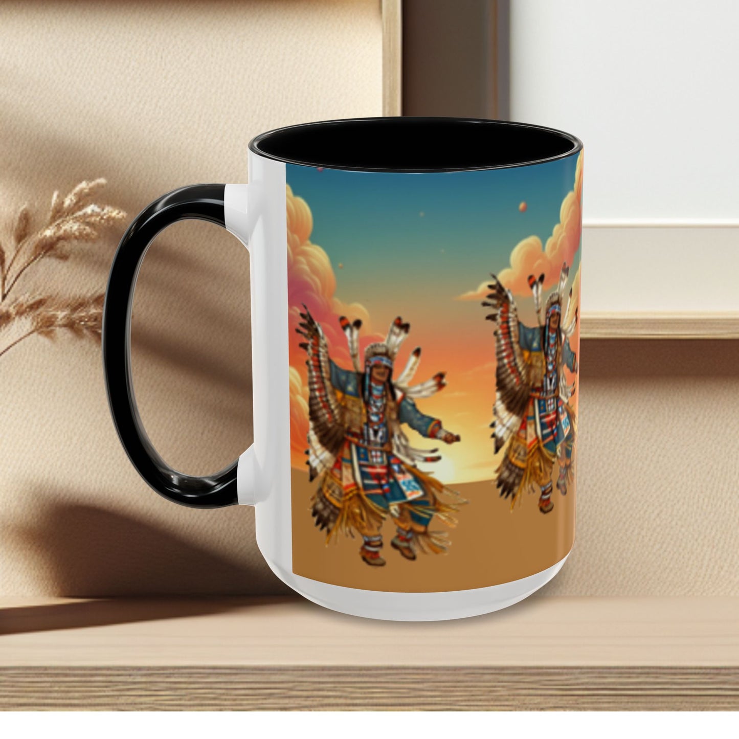 Sunset Powwow Ceramic Mug — Native American Dancer Accent Coffee Mug (11/15oz)