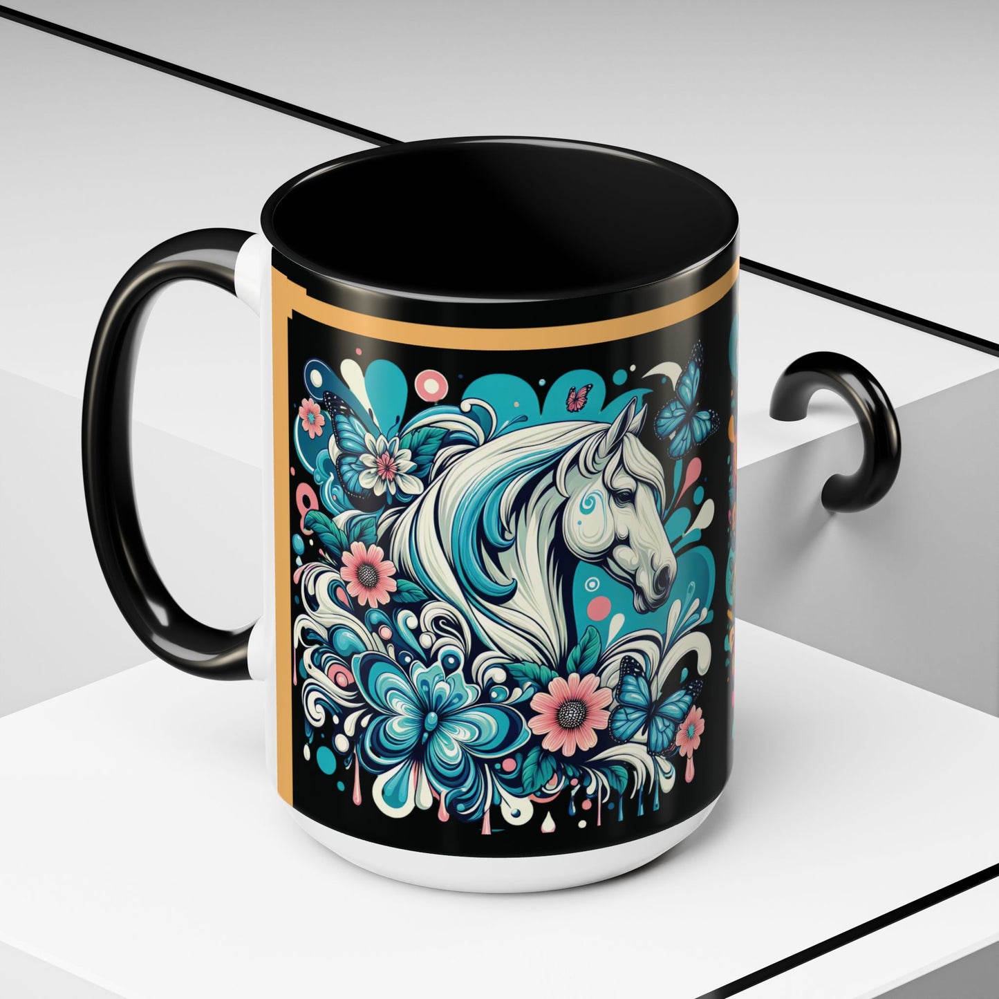 Coffee Mug White Horses with Blue Highlights in Flowers - Mug