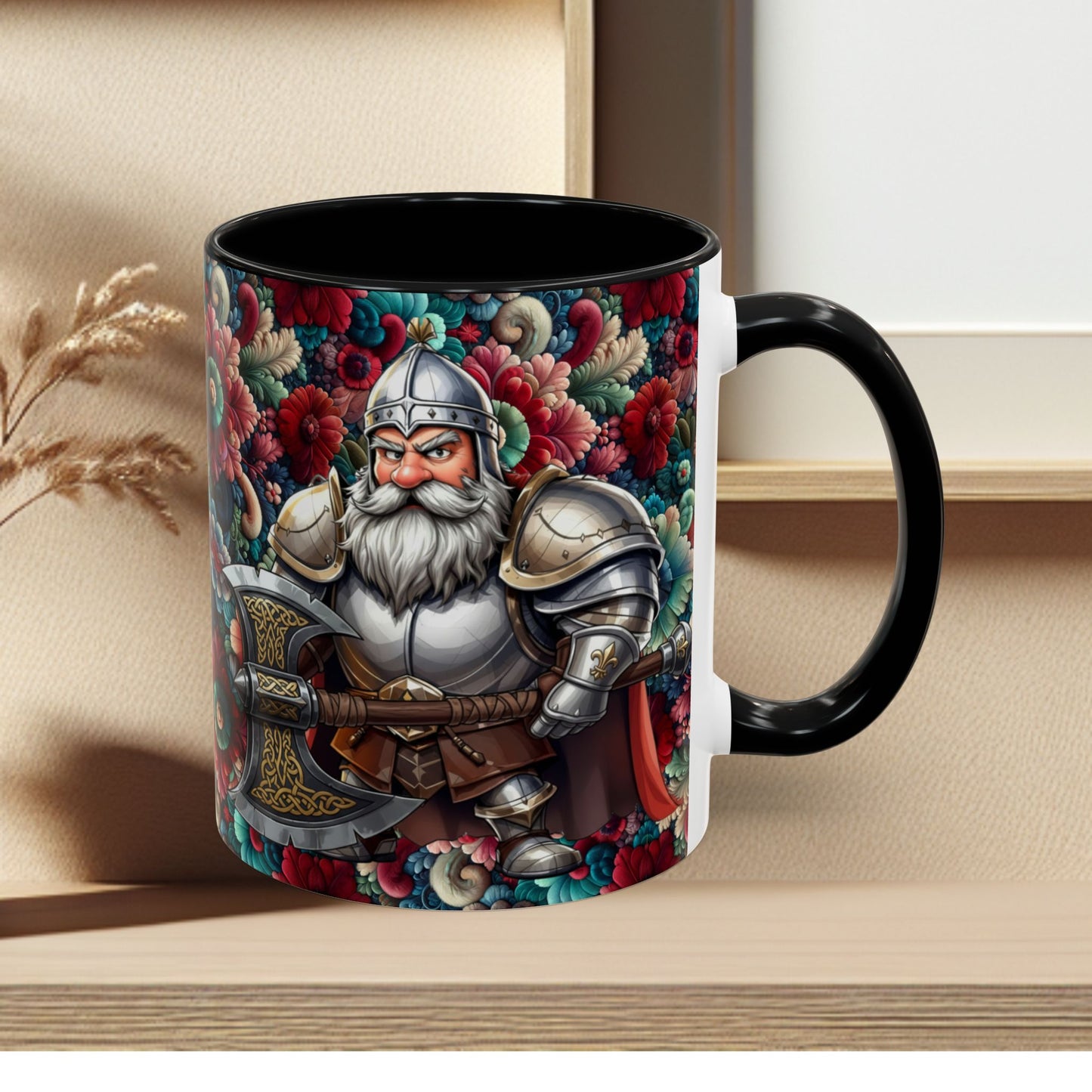 Adventurers Accent Coffee Mug — Dwarf within Armor with a Double-Bladed Battle Axe Design (11/15oz)