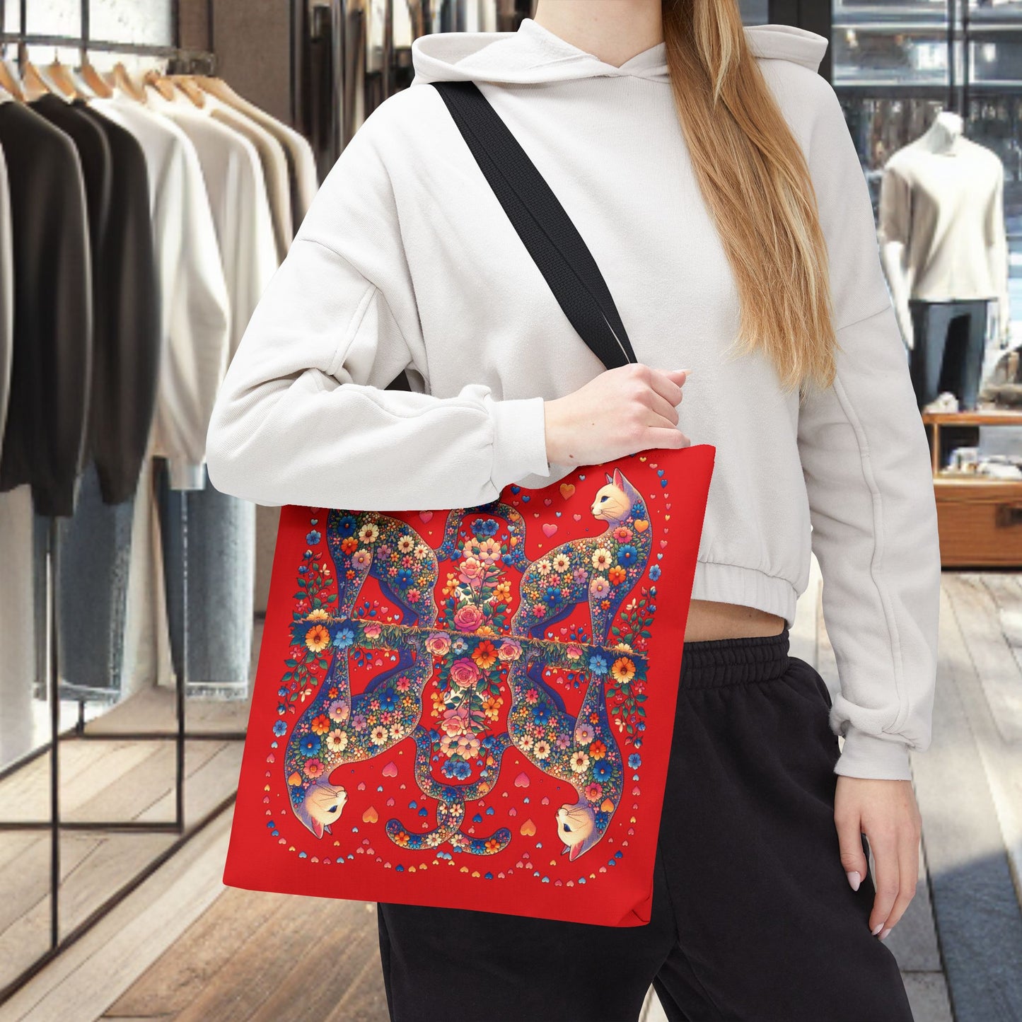 Loving Cat Flower Mozaic Tote Bag Dark Red