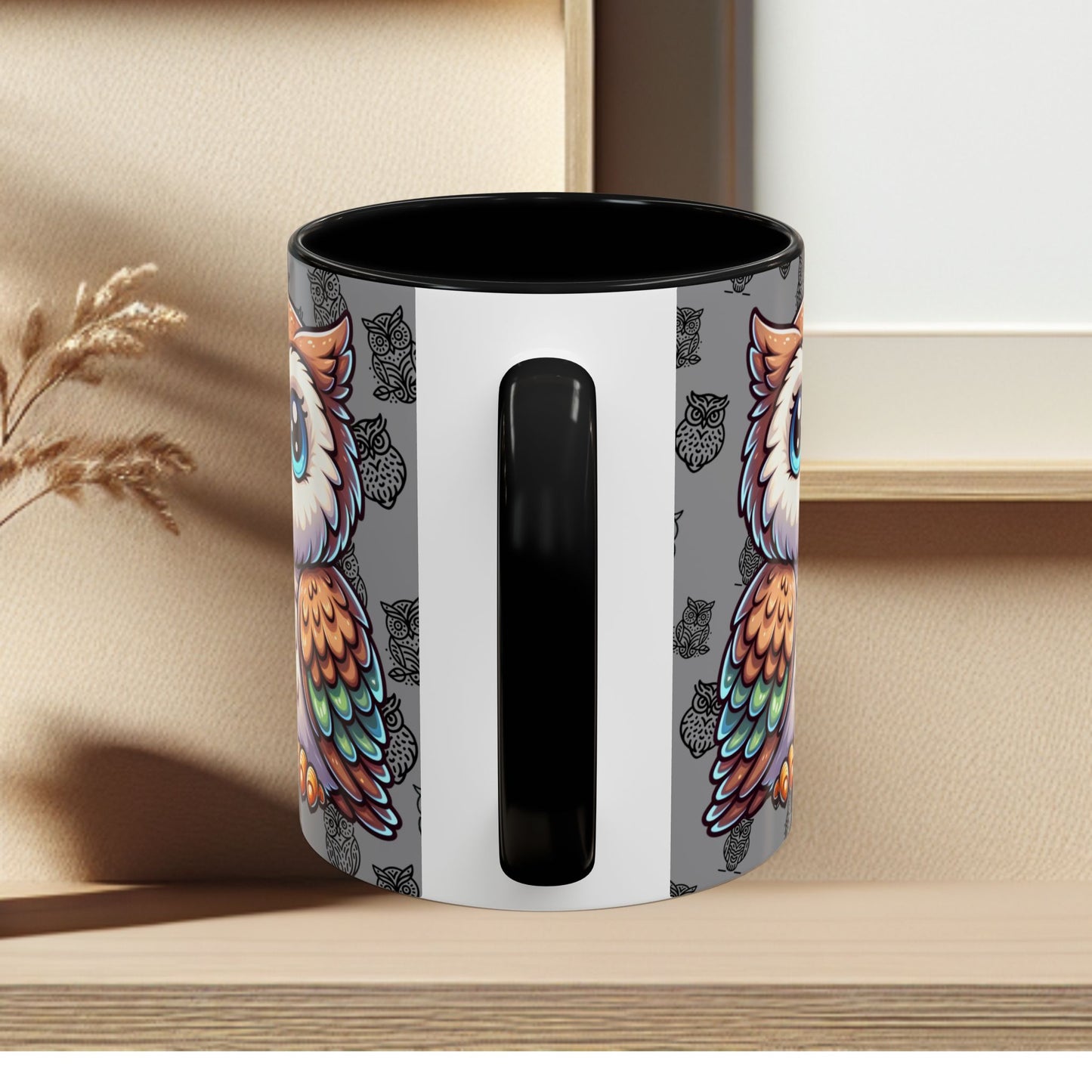 Gray Coffee Mug - Owl Family - Colorful Inspirational Owl Design