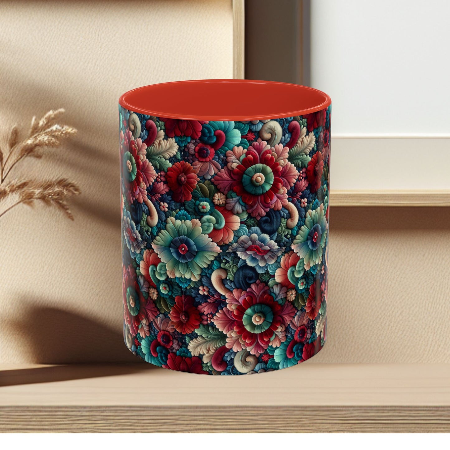 Beautiful Floral Pattern Accent Coffee Mug — Vibrant Vintage Bloom Design (11/15oz)