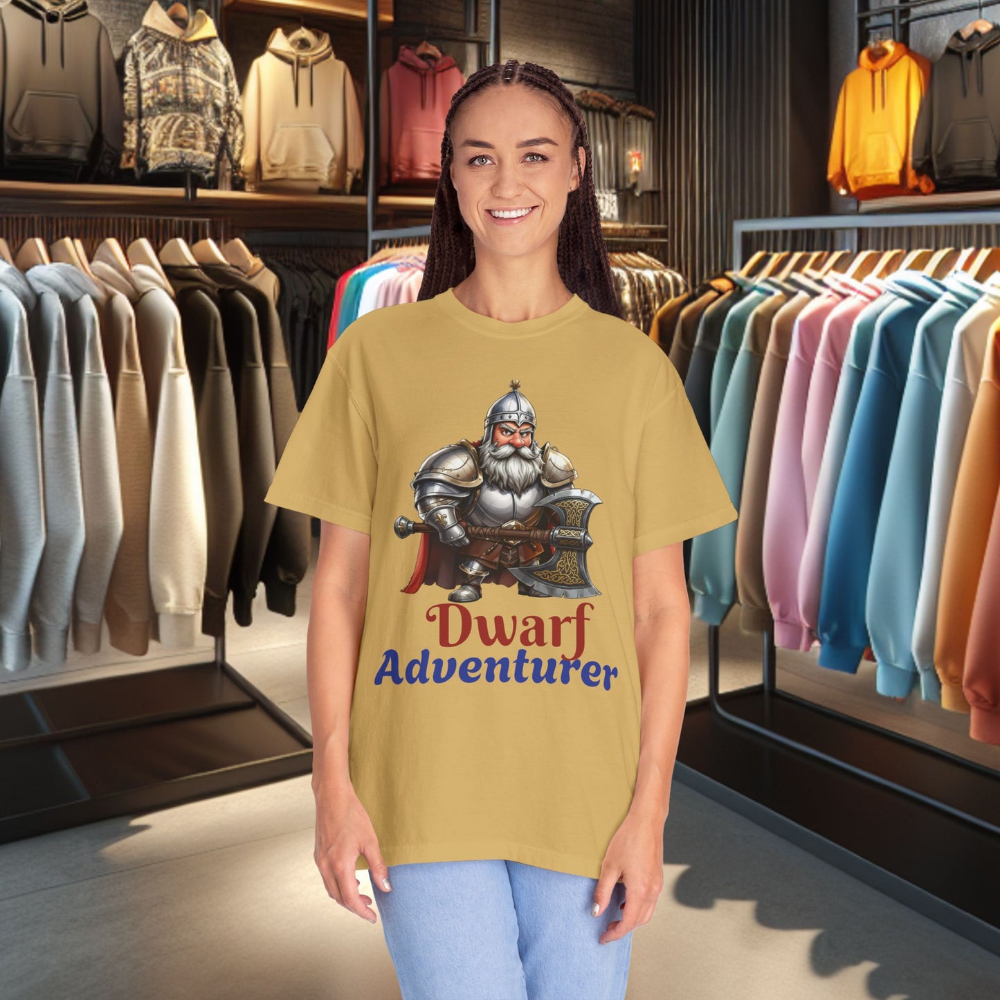 Dwarf Adventurer Tee — Dwarf with Armor and Battle Axe Graphic T-Shirt