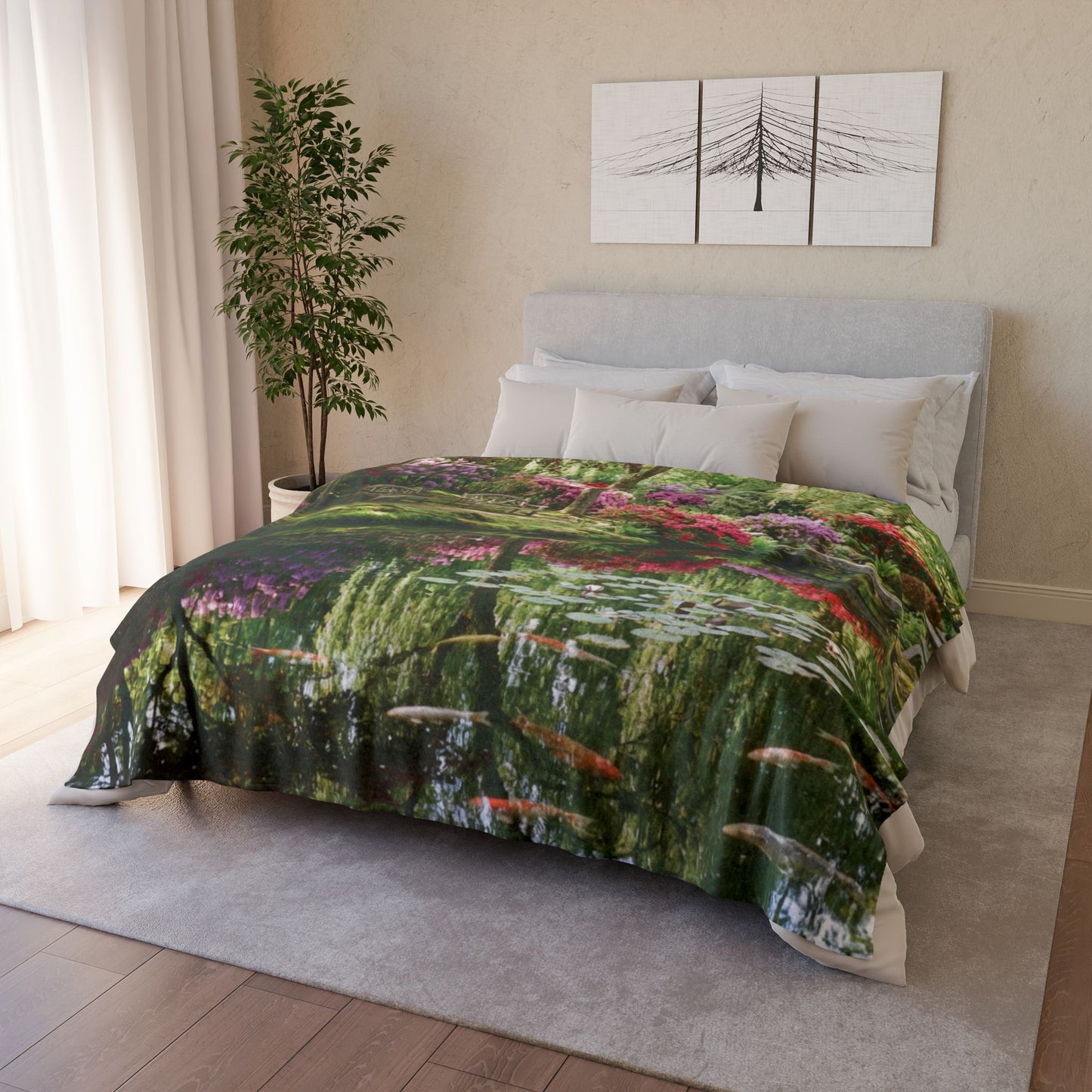 Japanese Garden Koi Pond Blanket – Floral Tranquility Throw