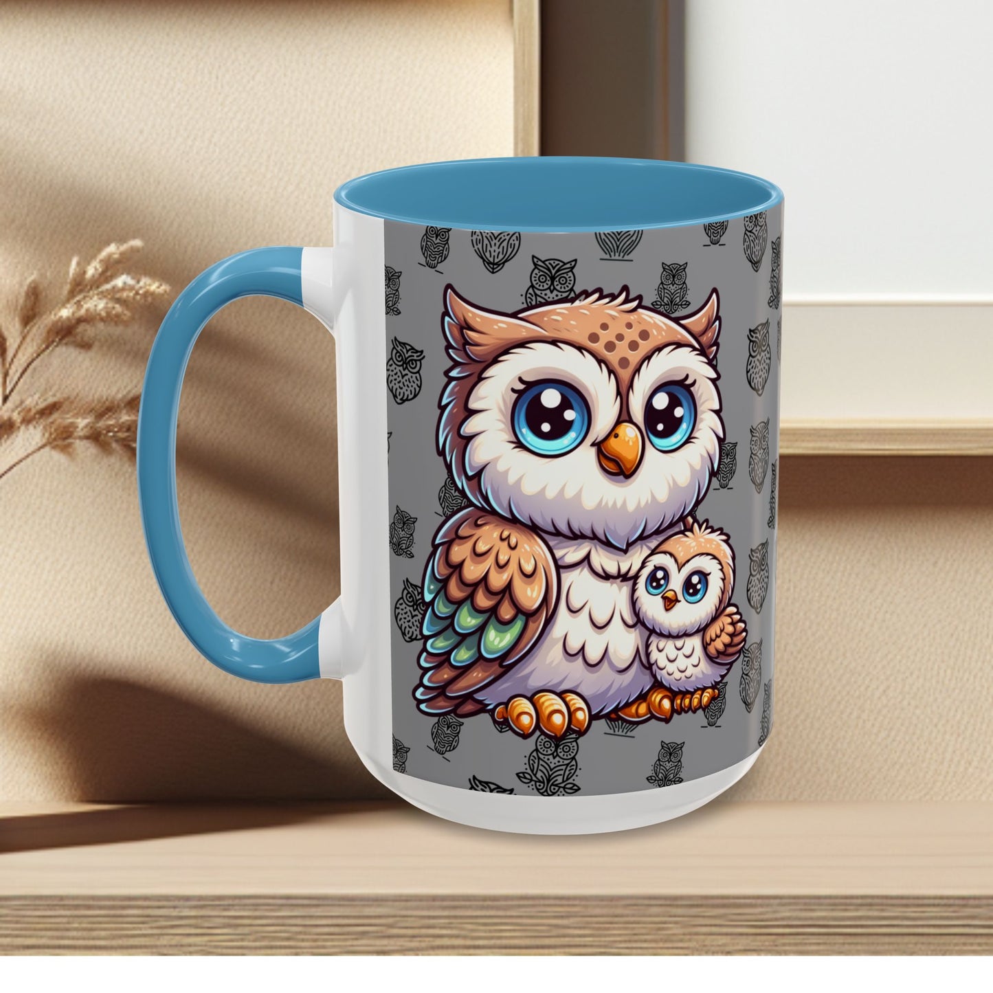 Gray Coffee Mug - Owl Family - Colorful Inspirational Owl Design