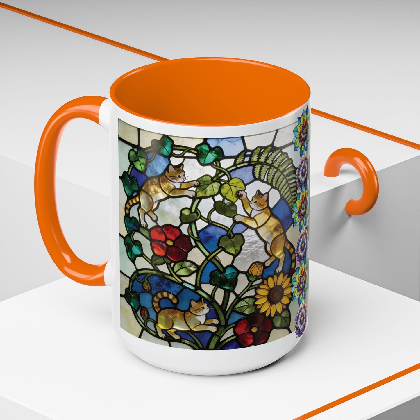 Stained Glass Cats Accent Coffee Mug – Floral Tiffany-Style 11/15oz