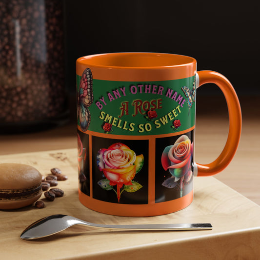 Orange Mug - Floral Butterfly Accent Coffee Mug - 'By Any Other Name A Rose Smells So Sweet'