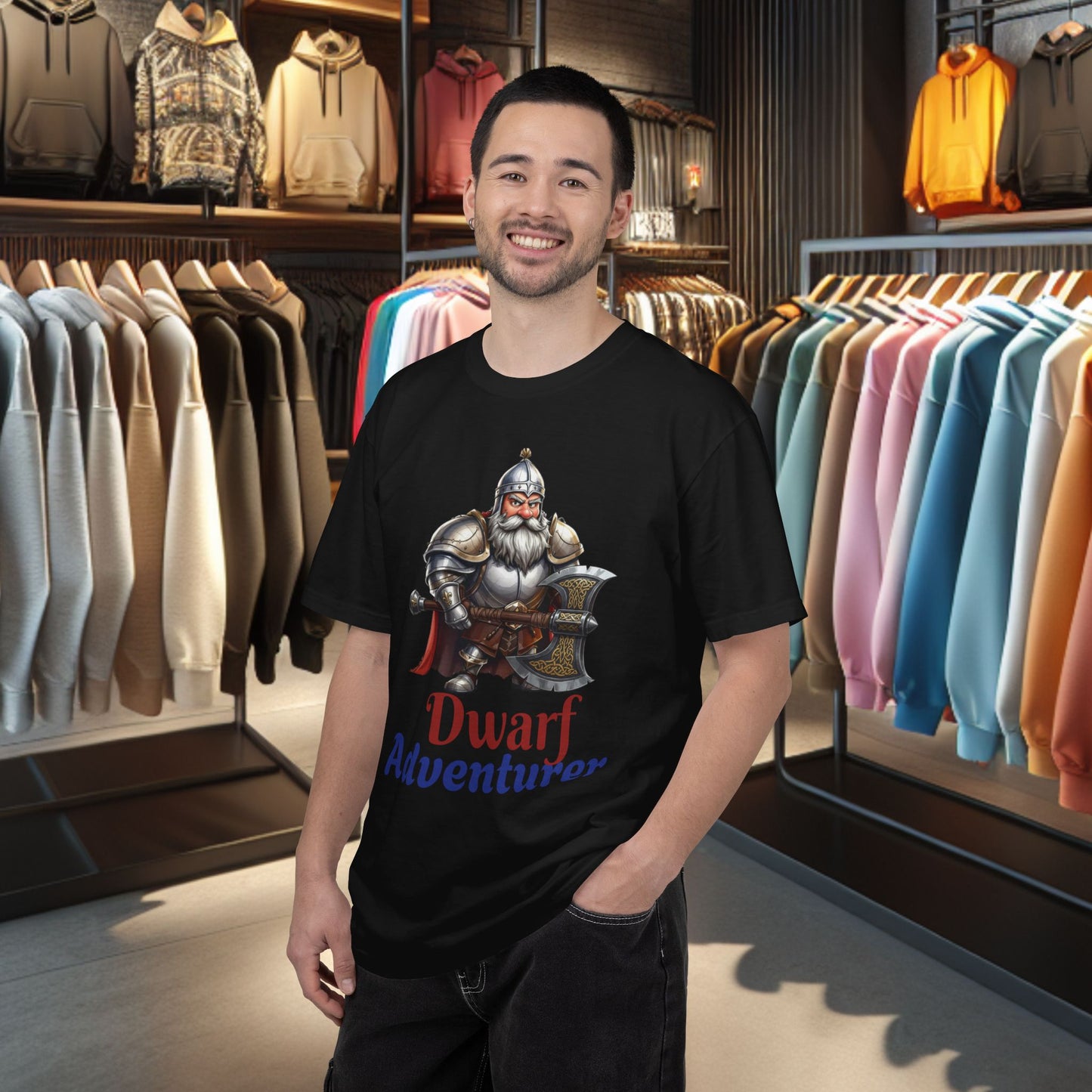 Dwarf Adventurer Tee — Dwarf with Armor and Battle Axe Graphic T-Shirt