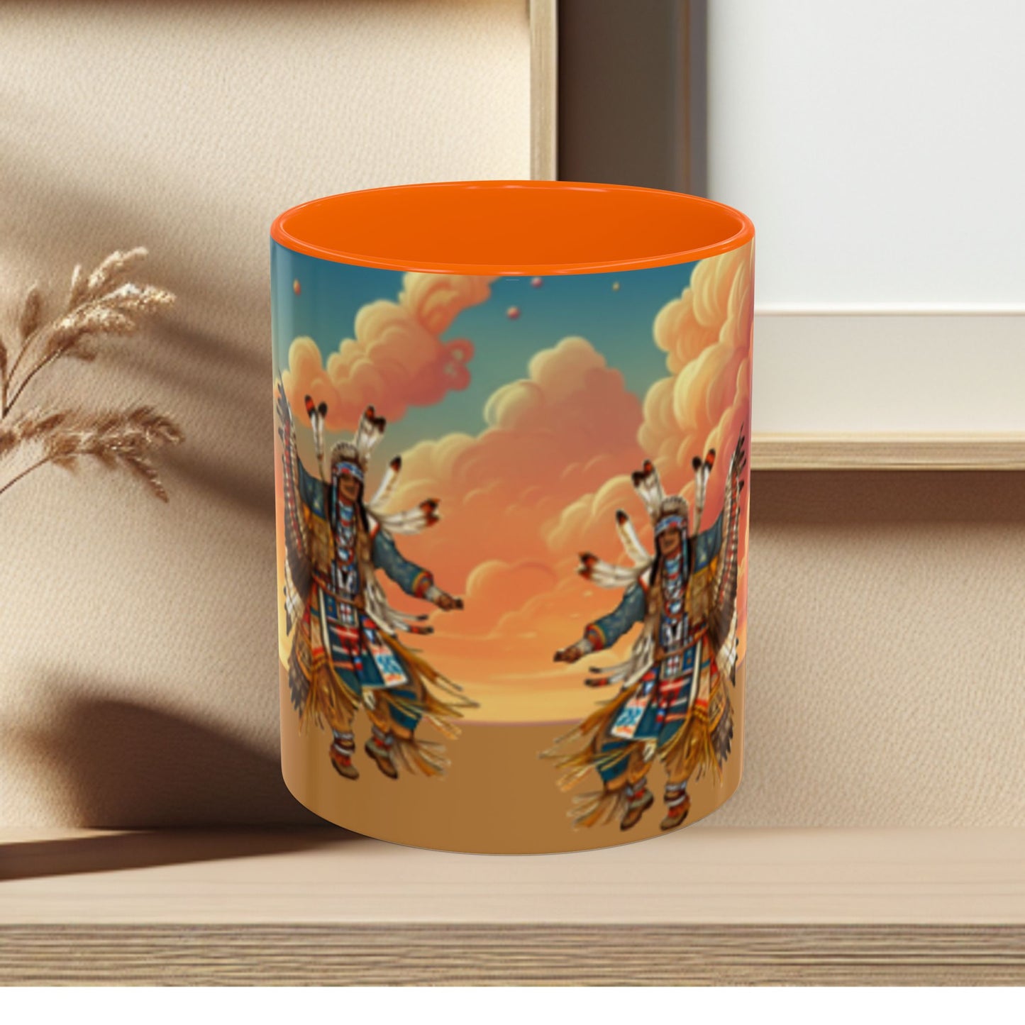 Sunset Powwow Ceramic Mug — Native American Dancer Accent Coffee Mug (11/15oz)