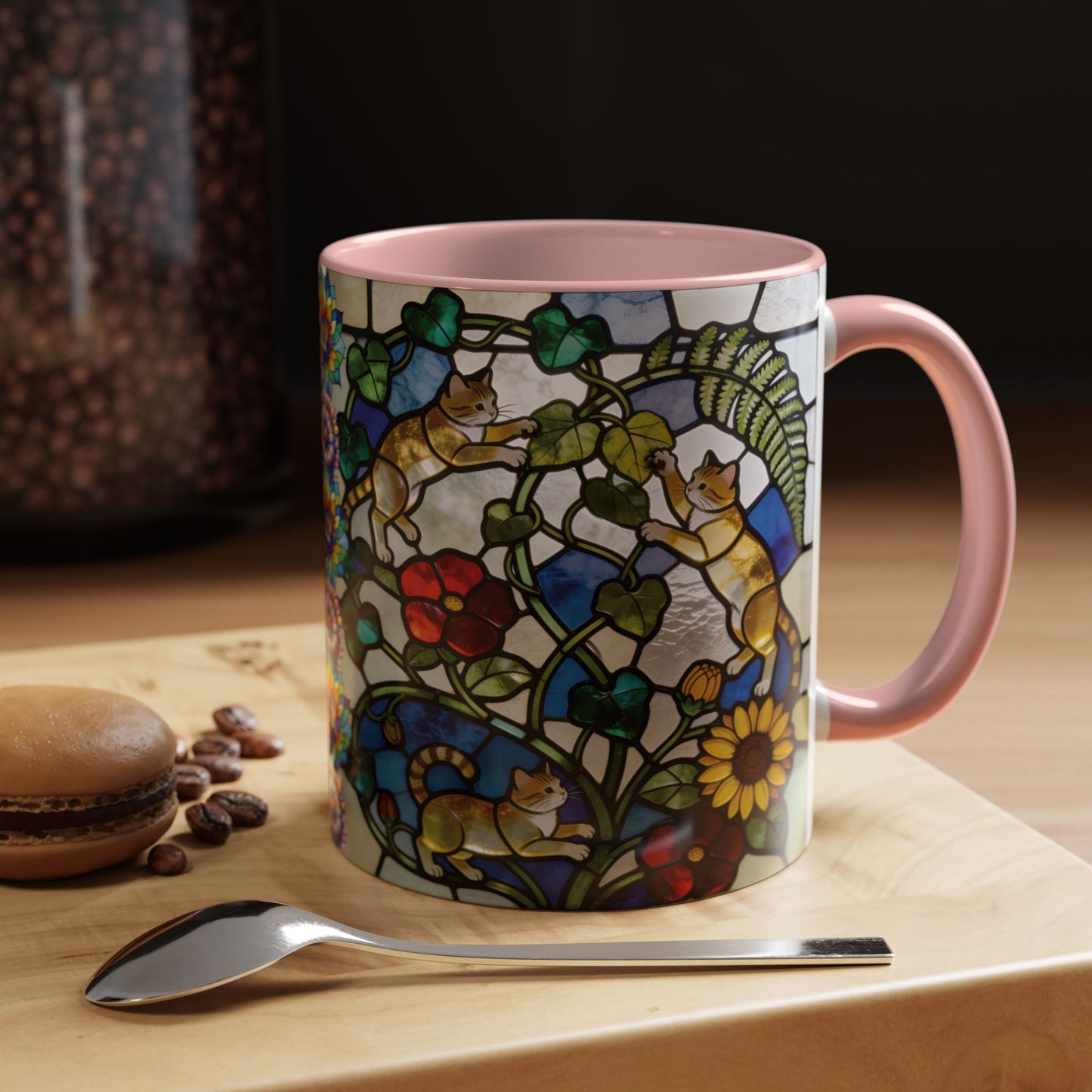 Stained Glass Cats Accent Coffee Mug – Floral Tiffany-Style 11/15oz