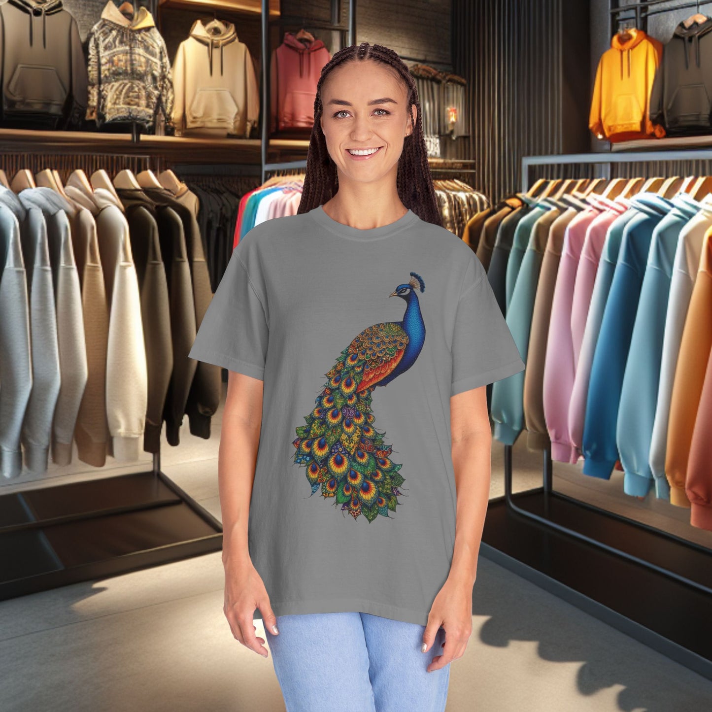 Patchwork Peacock, Garment-Dyed T-Shirt — pho Patchwork Festive Top