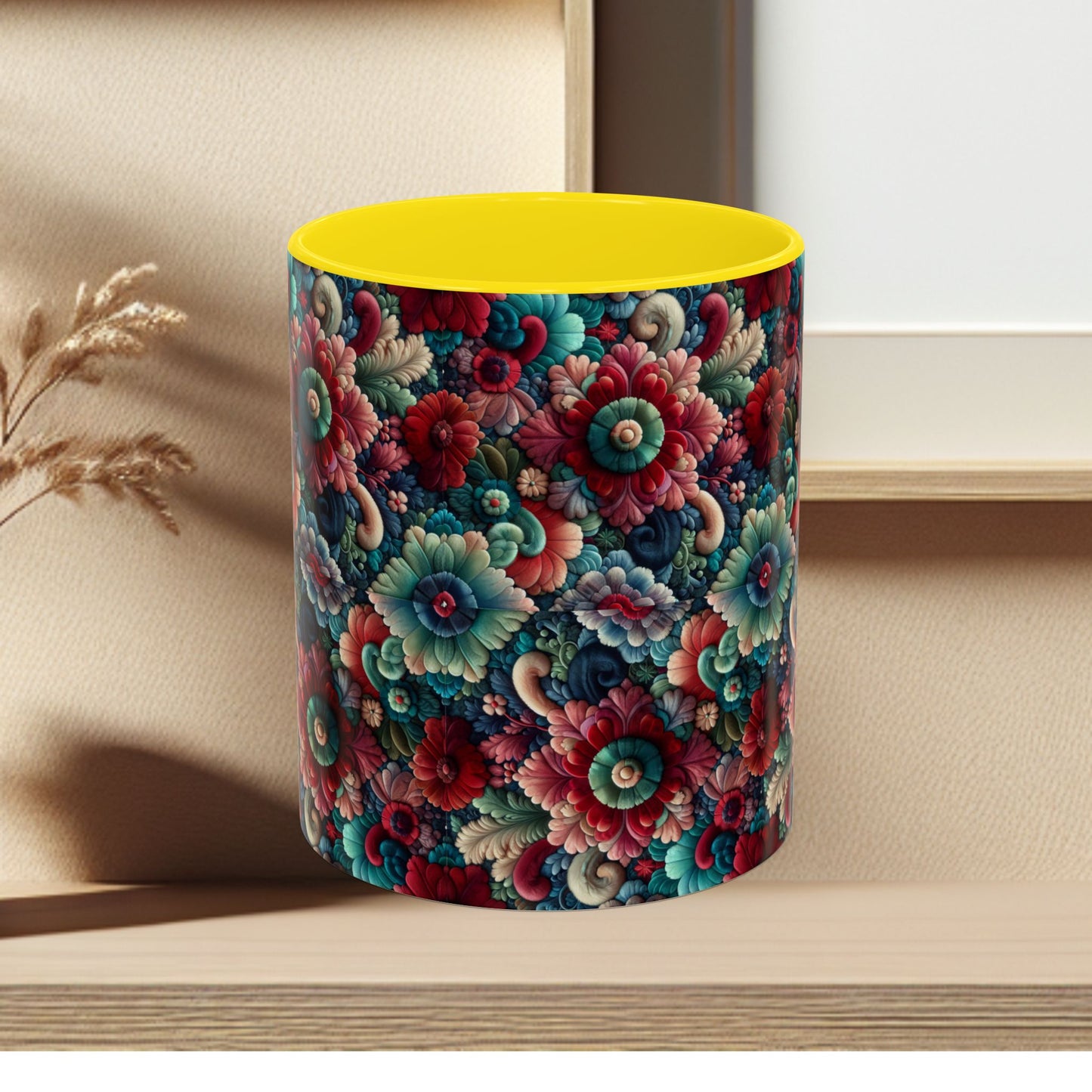 Beautiful Floral Pattern Accent Coffee Mug — Vibrant Vintage Bloom Design (11/15oz)