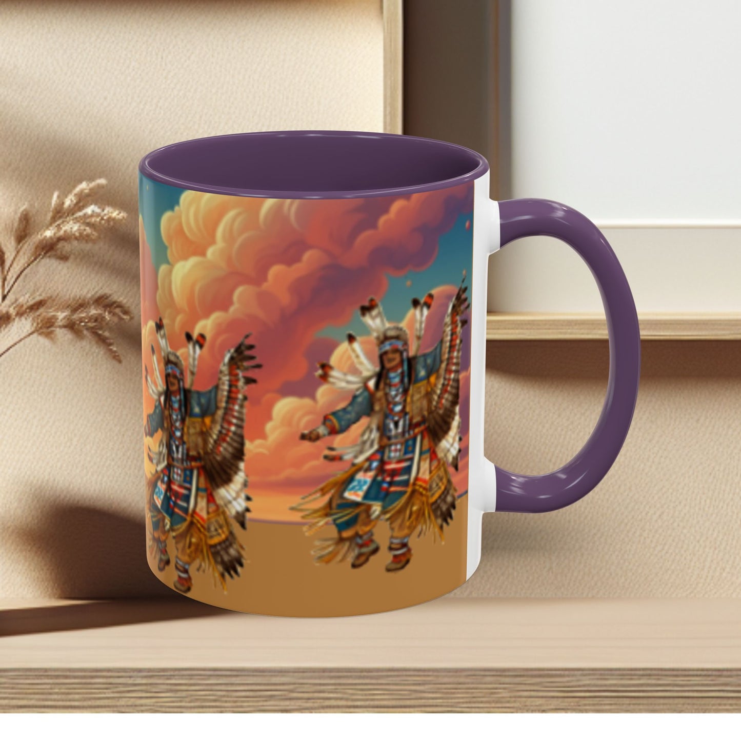 Sunset Powwow Ceramic Mug — Native American Dancer Accent Coffee Mug (11/15oz)