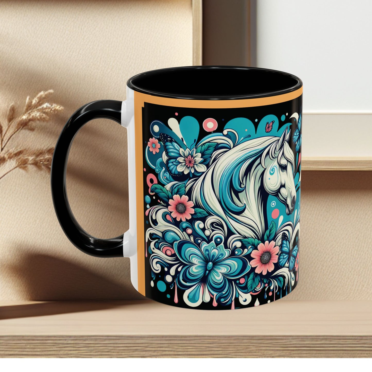 Coffee Mug White Horses with Blue Highlights in Flowers - Mug