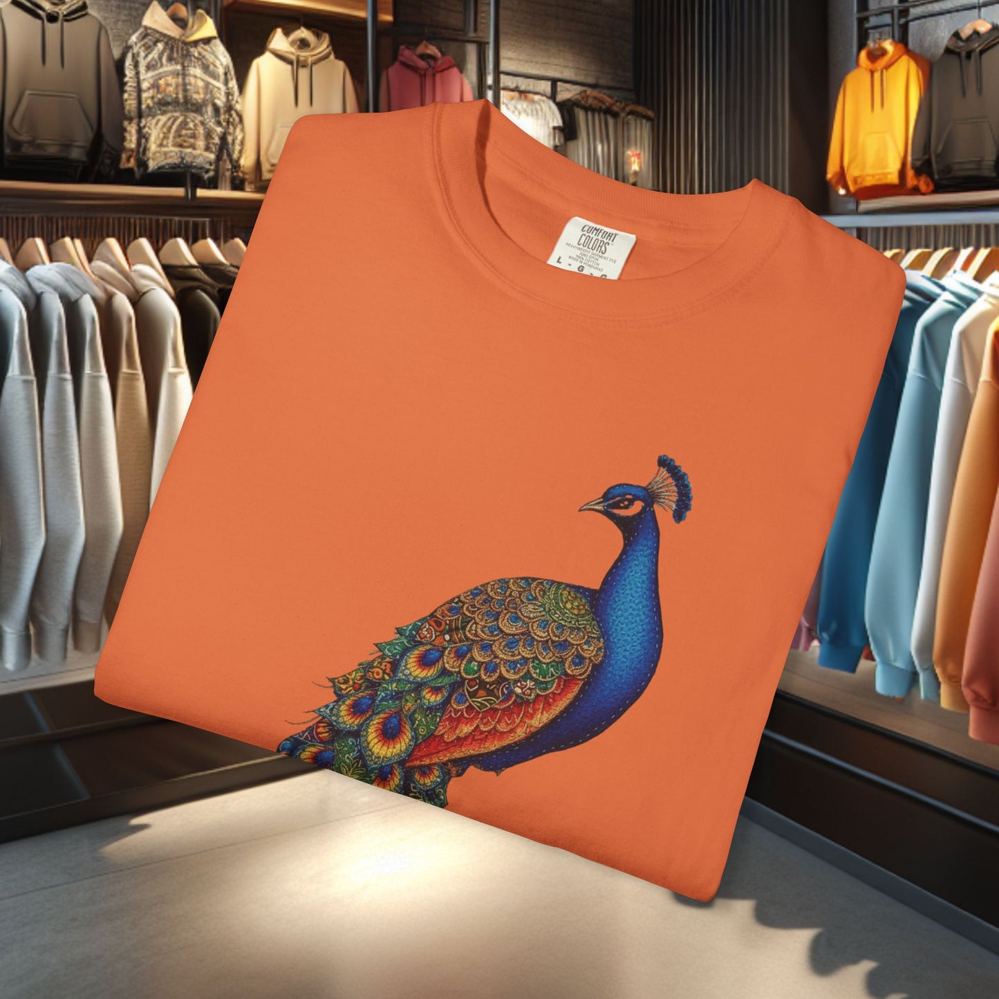 Patchwork Peacock, Garment-Dyed T-Shirt — pho Patchwork Festive Top