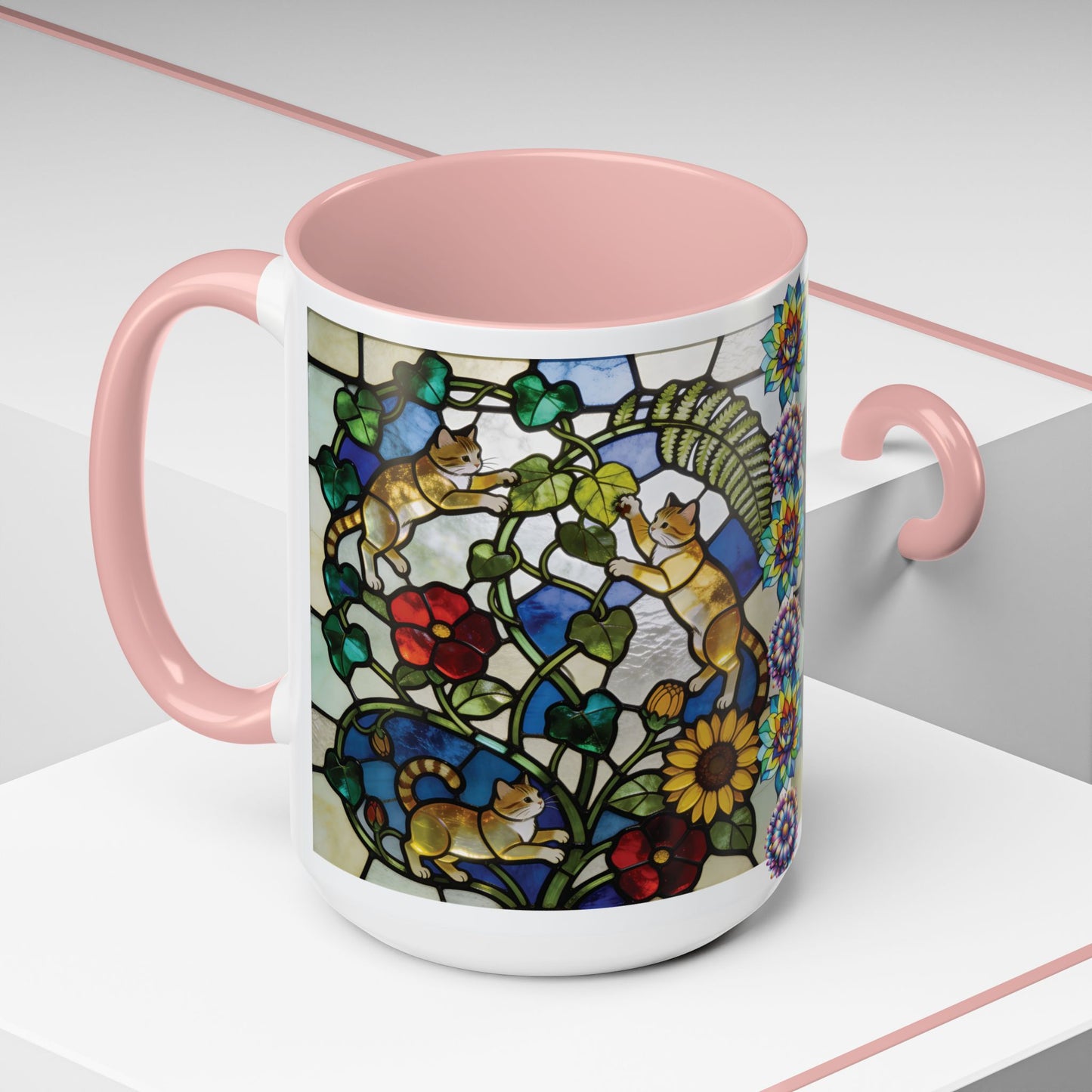 Stained Glass Cats Accent Coffee Mug – Floral Tiffany-Style 11/15oz