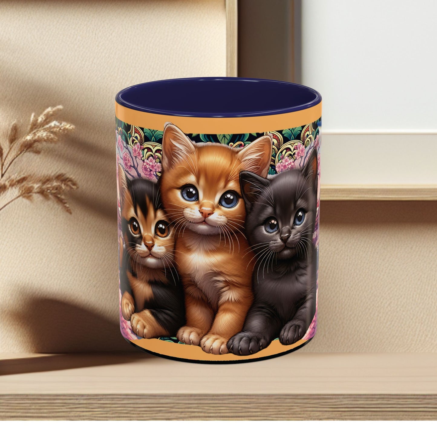 Mug - 3 B F F kittens and Butterflies Coffee Mug with Cherry Blossoms