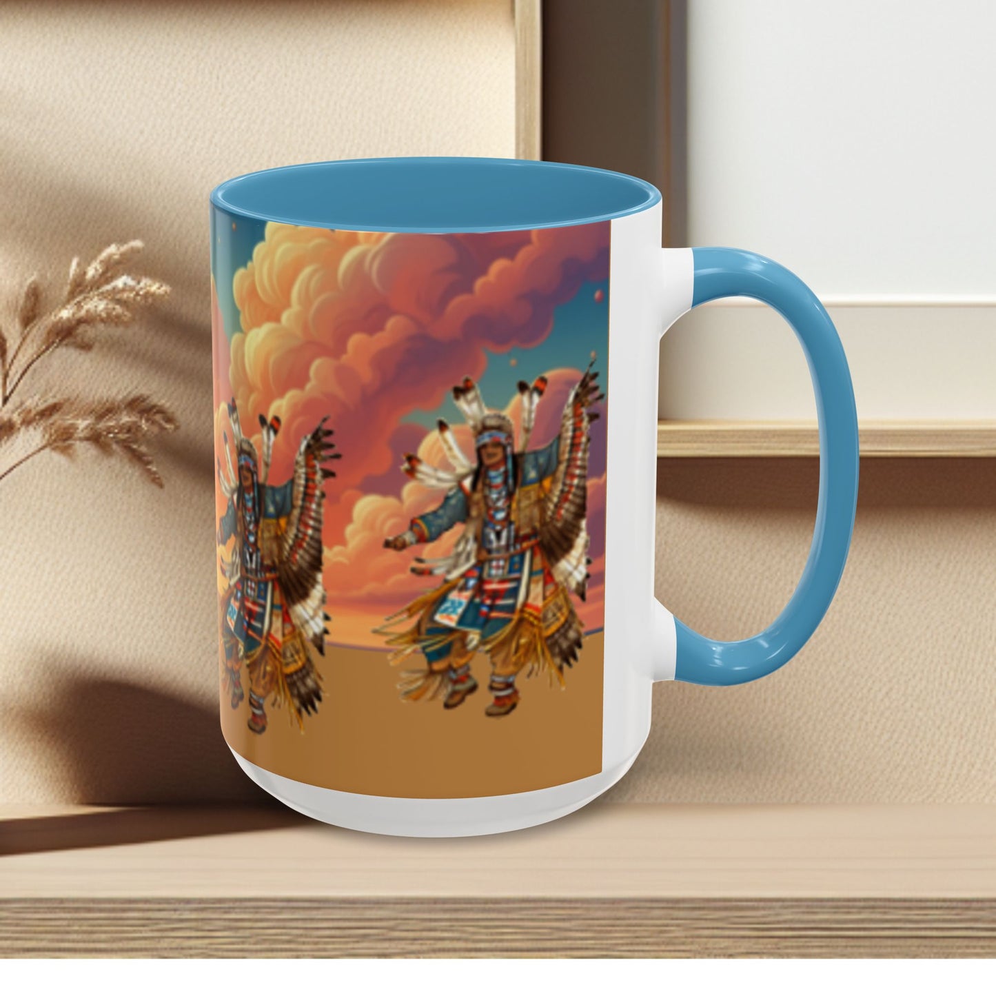 Sunset Powwow Ceramic Mug — Native American Dancer Accent Coffee Mug (11/15oz)