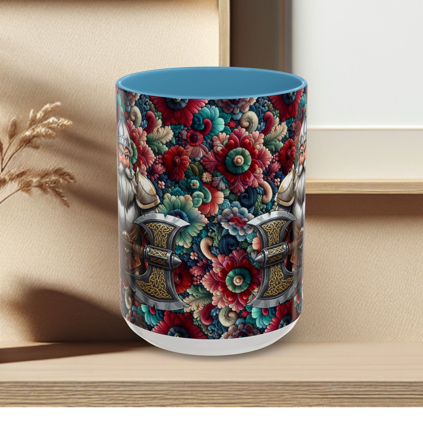 Adventurers Accent Coffee Mug — Dwarf within Armor with a Double-Bladed Battle Axe Design (11/15oz)