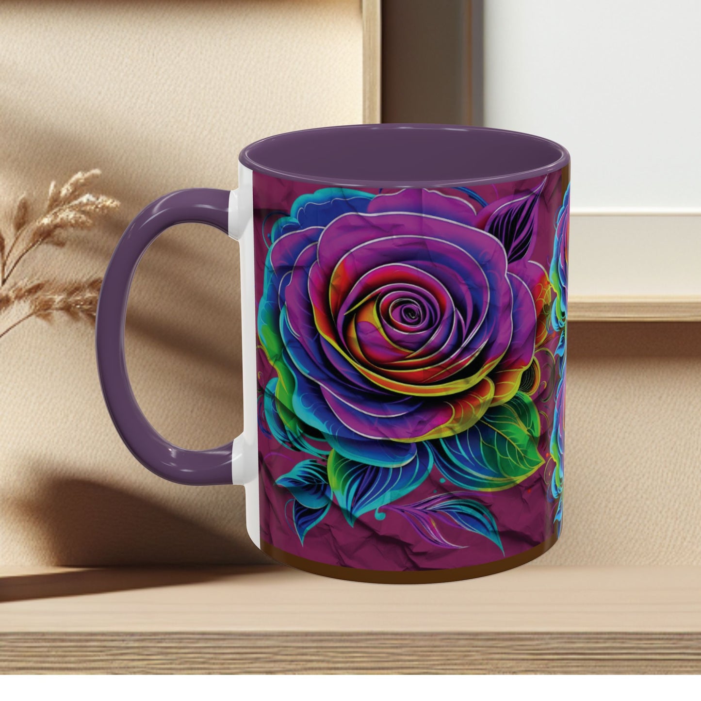 Rainbow Rose Accent Coffee Mug — Colorful Floral 11/15oz