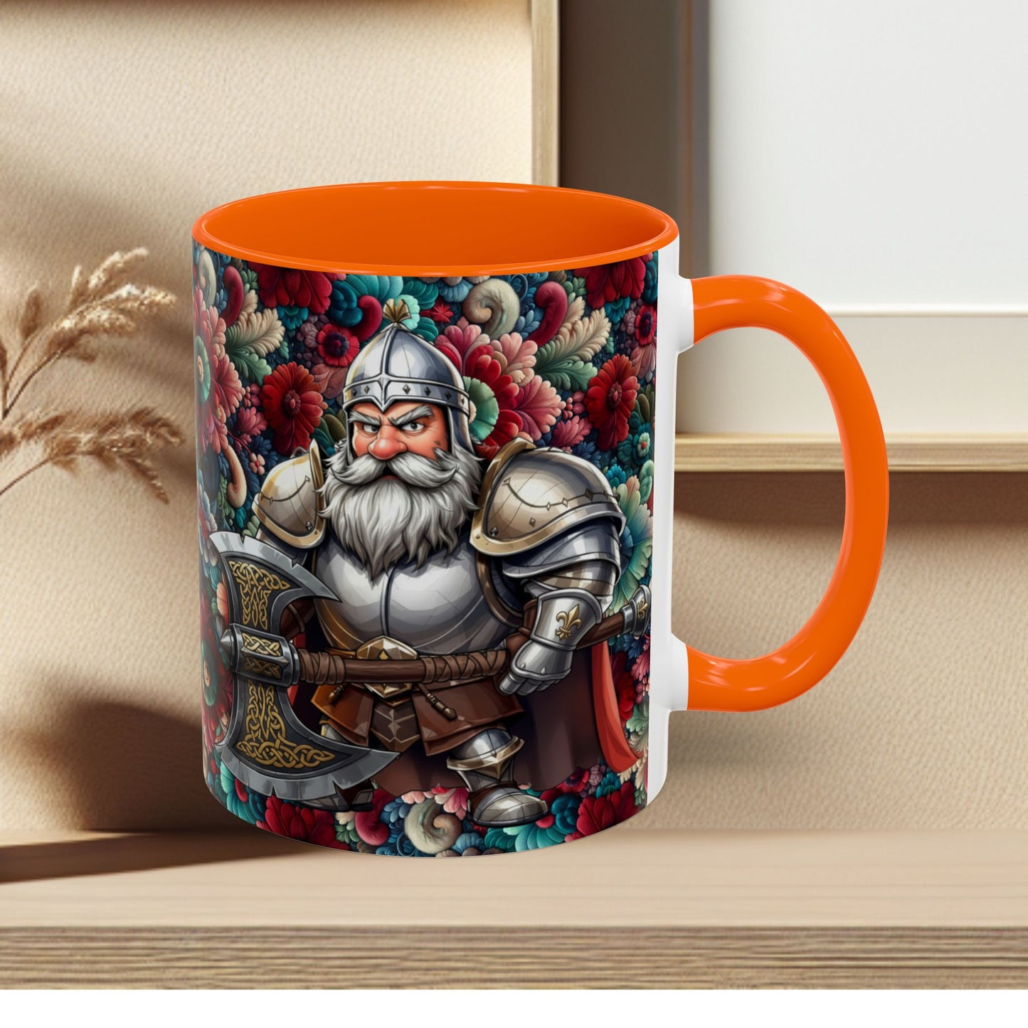 Adventurers Accent Coffee Mug — Dwarf within Armor with a Double-Bladed Battle Axe Design (11/15oz)