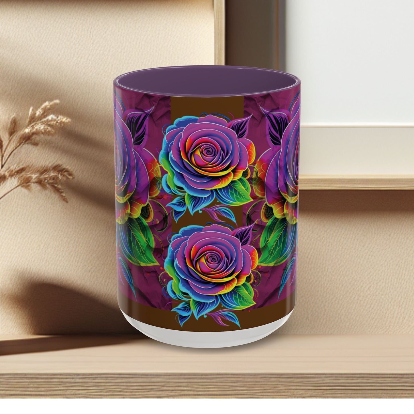 Rainbow Rose Accent Coffee Mug — Colorful Floral 11/15oz