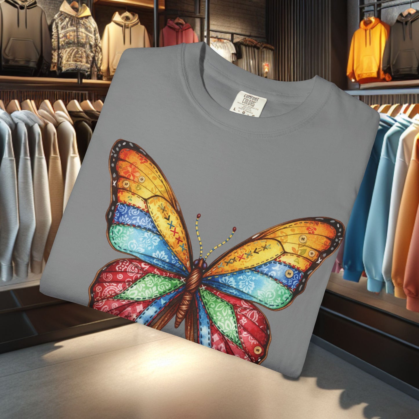 Bright Colorful Patchwork Butterfly T-Shirt — pho Patchwork Garment-Dyed Top