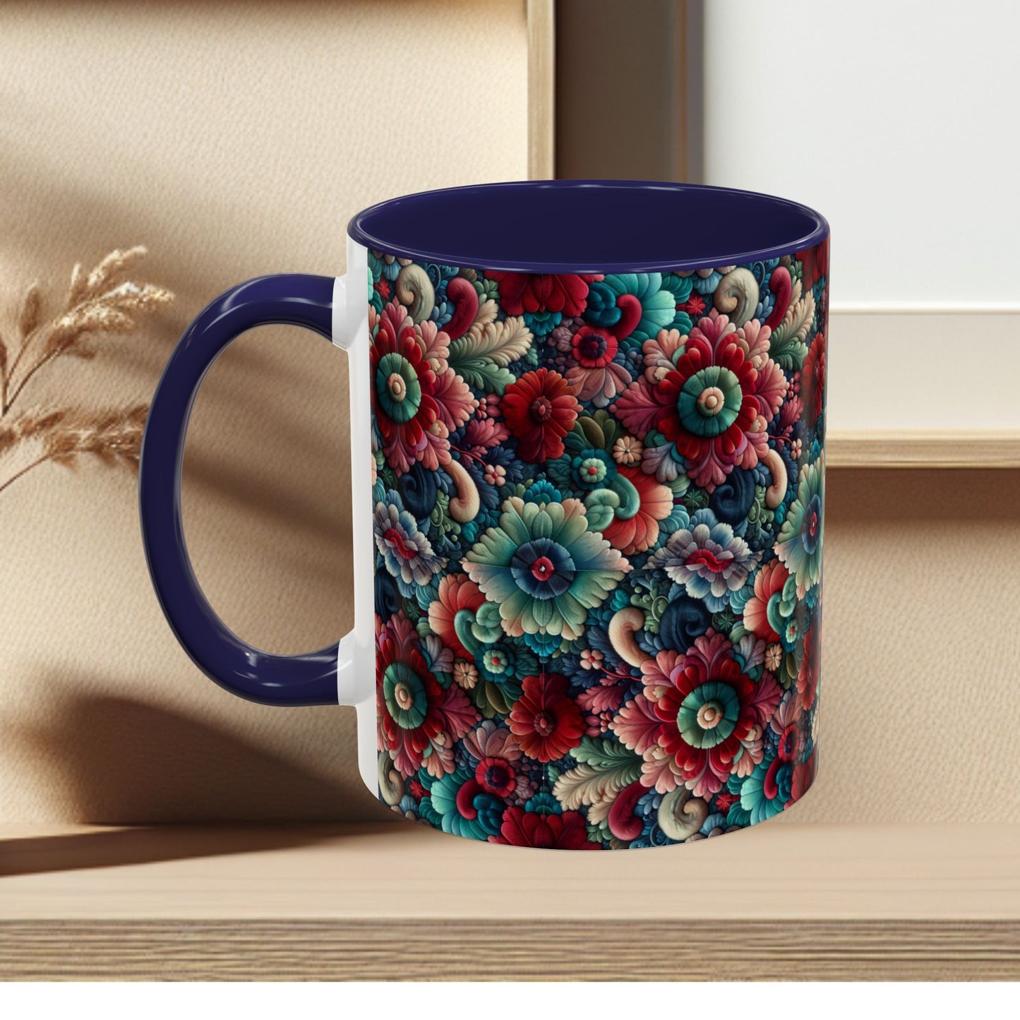 Beautiful Floral Pattern Accent Coffee Mug — Vibrant Vintage Bloom Design (11/15oz)