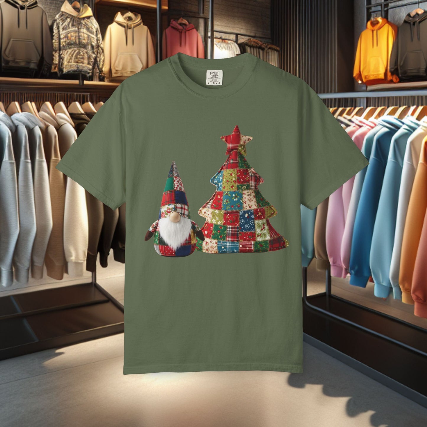 Patchwork Gnome and Christmas Tree, Garment-Dyed T-Shirt — pho Patchwork Festive Top