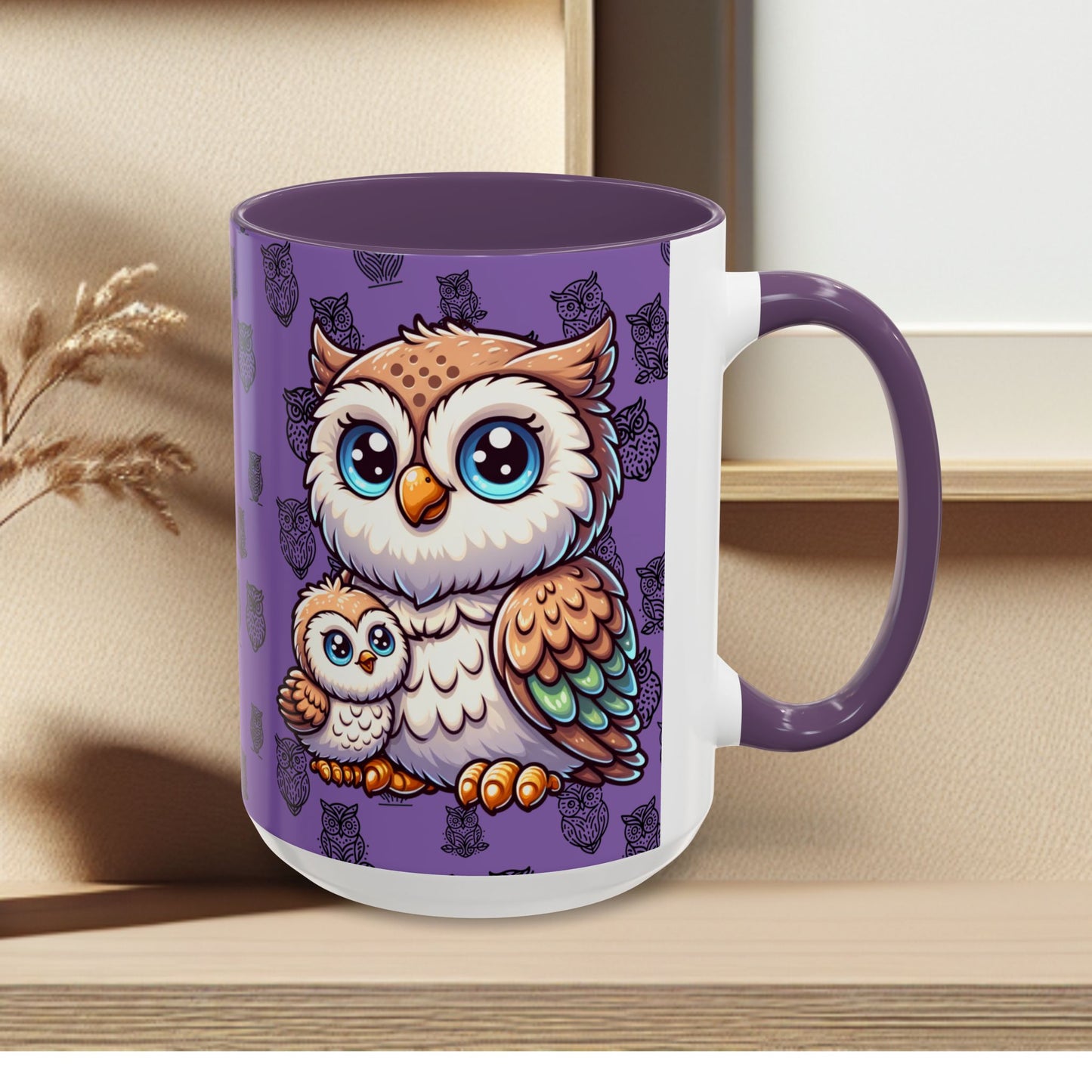 Purple Coffee Mug - Owl Family - Colorful Inspirational Owl Design