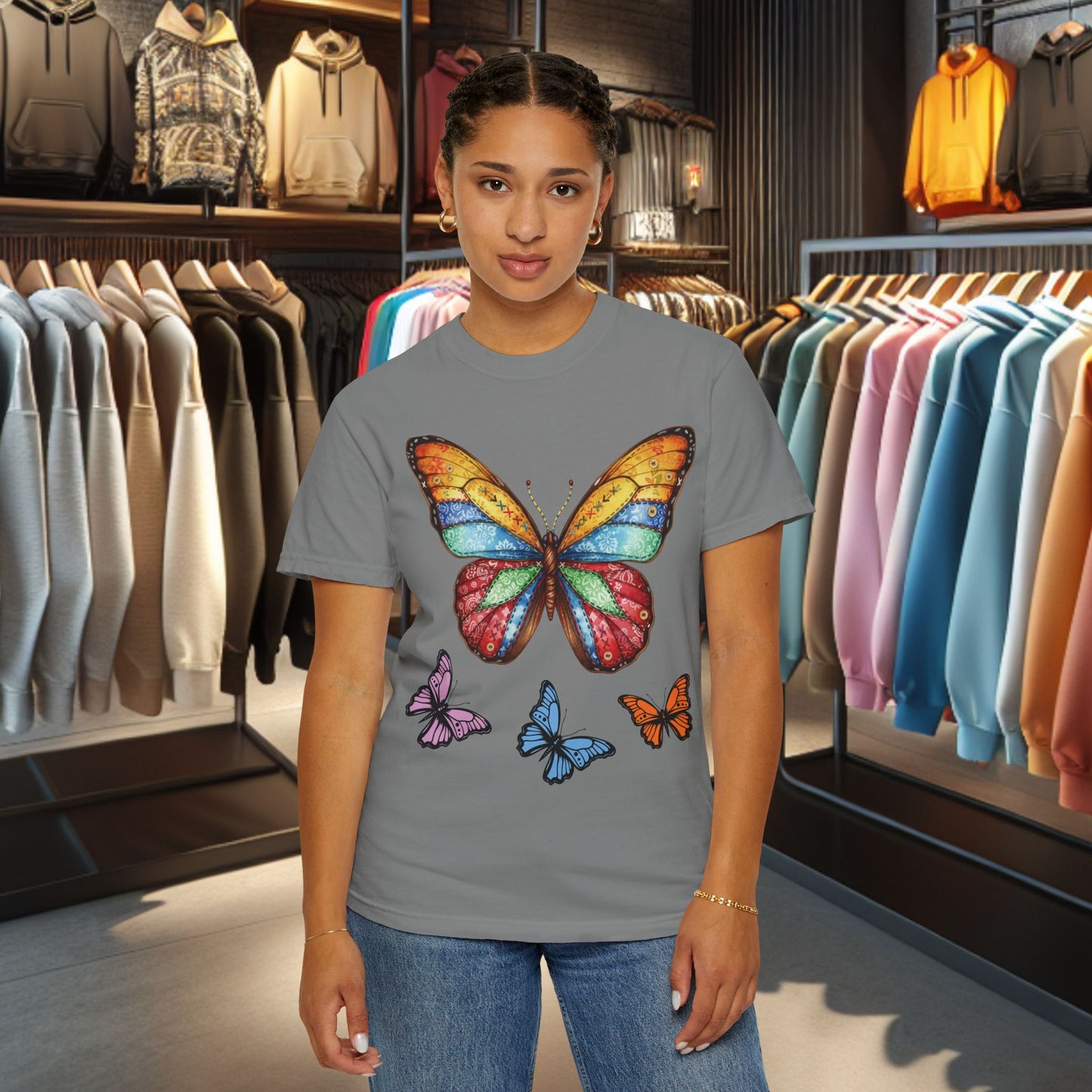 Bright Colorful Patchwork Butterfly T-Shirt — pho Patchwork Garment-Dyed Top