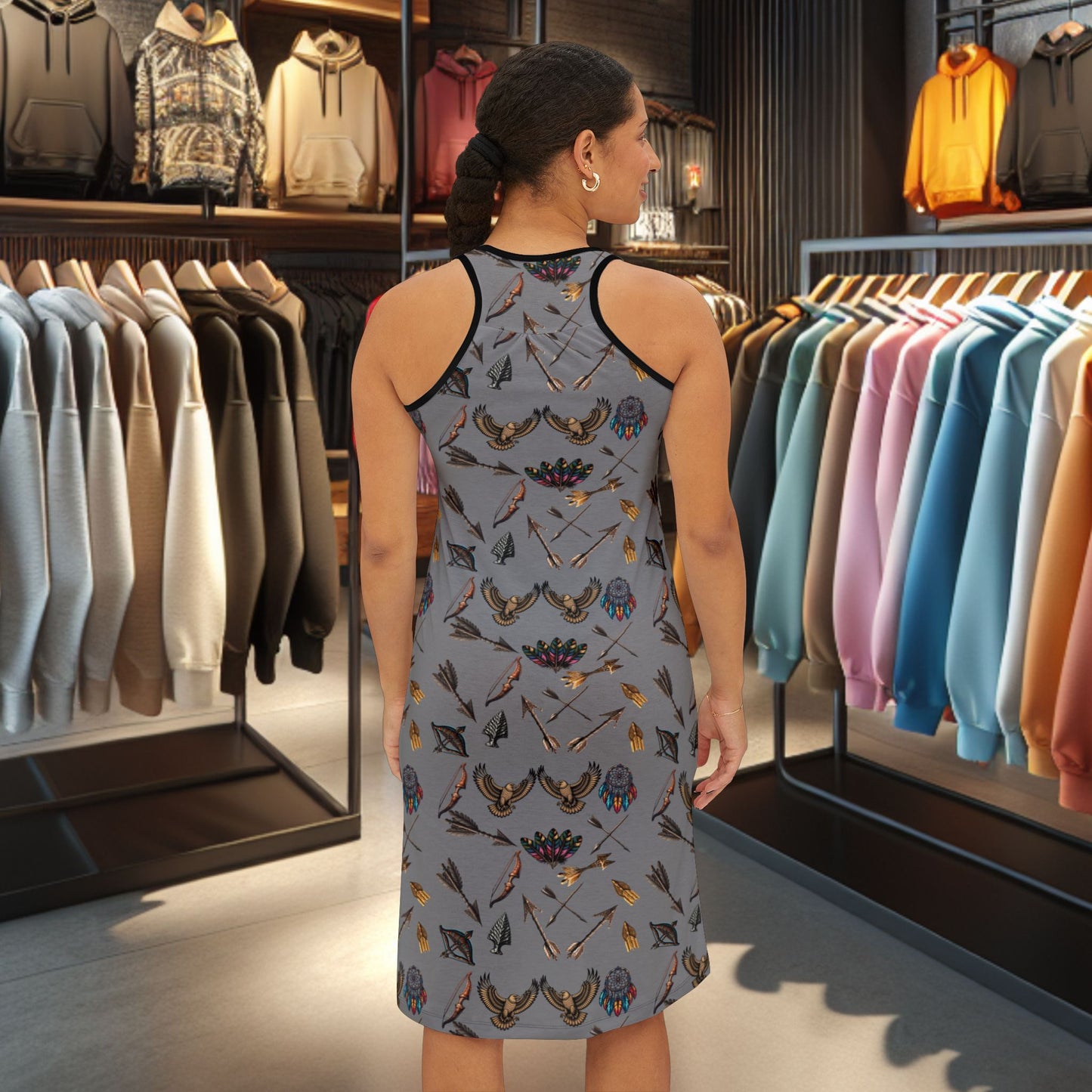 Native Hunting Print Racerback Dress Gray