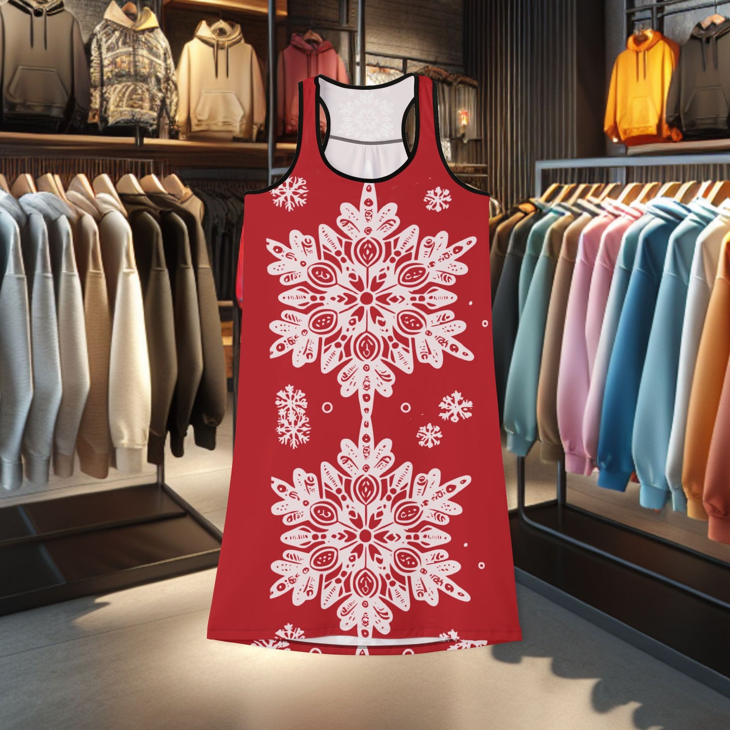 Festive Racerback Red Dress with Snowflakes