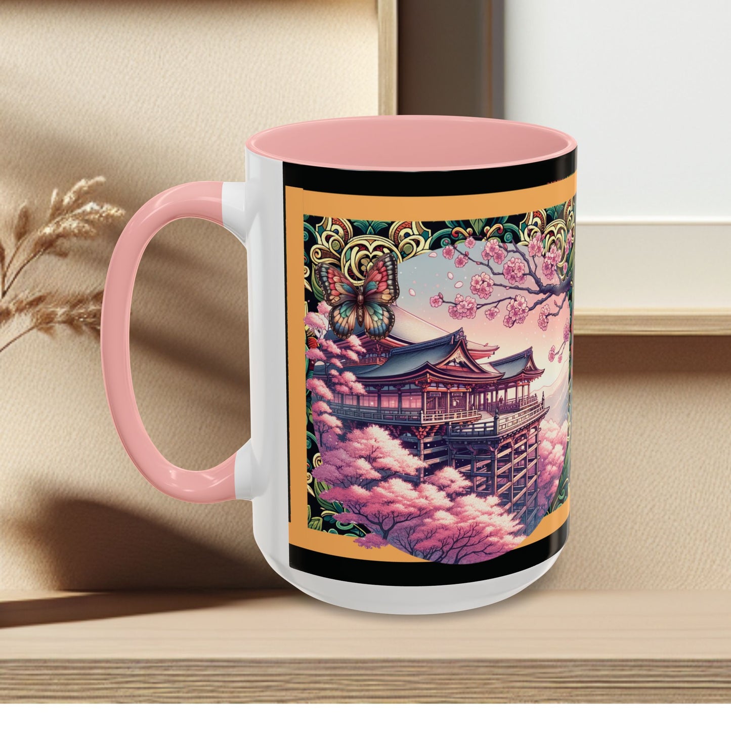 Mug - Sakura Butterfly Coffee Mug with Cherry Blossoms and a Rose