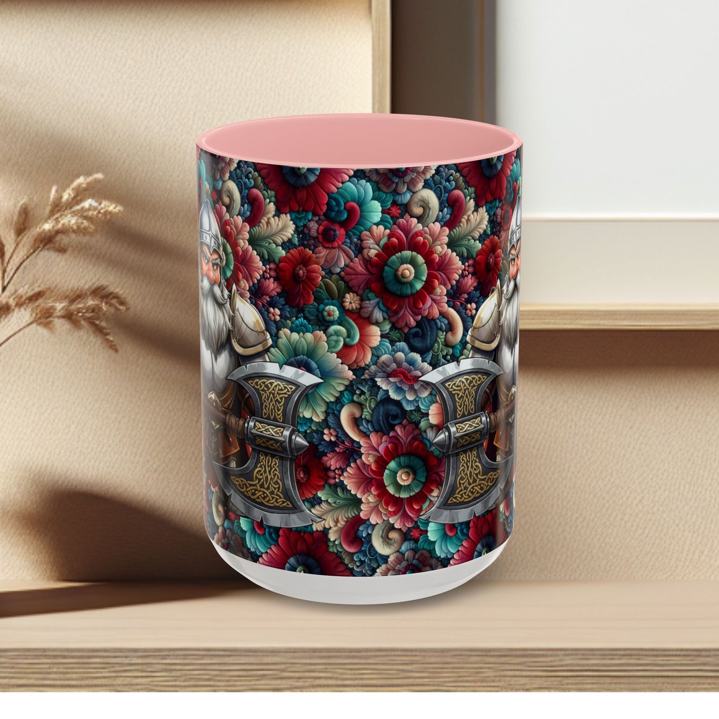 Adventurers Accent Coffee Mug — Dwarf within Armor with a Double-Bladed Battle Axe Design (11/15oz)