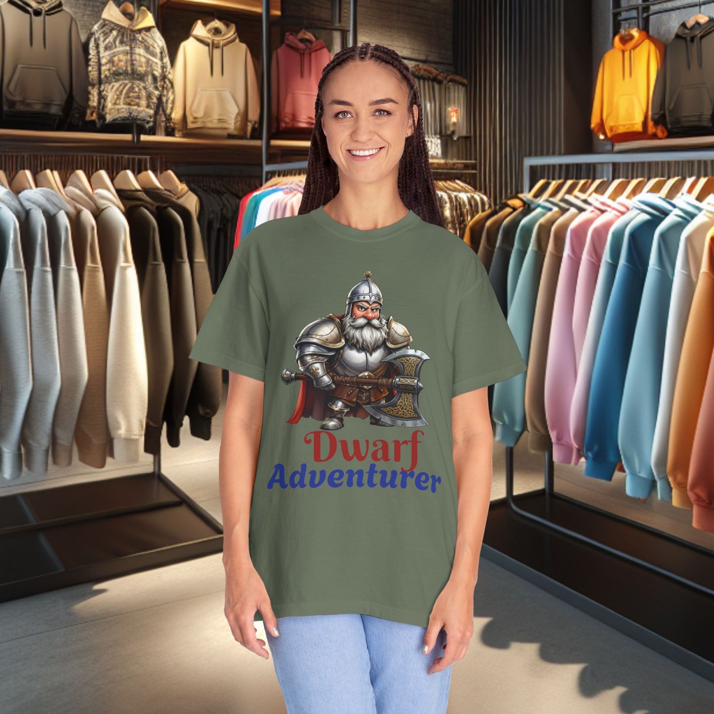 Dwarf Adventurer Tee — Dwarf with Armor and Battle Axe Graphic T-Shirt