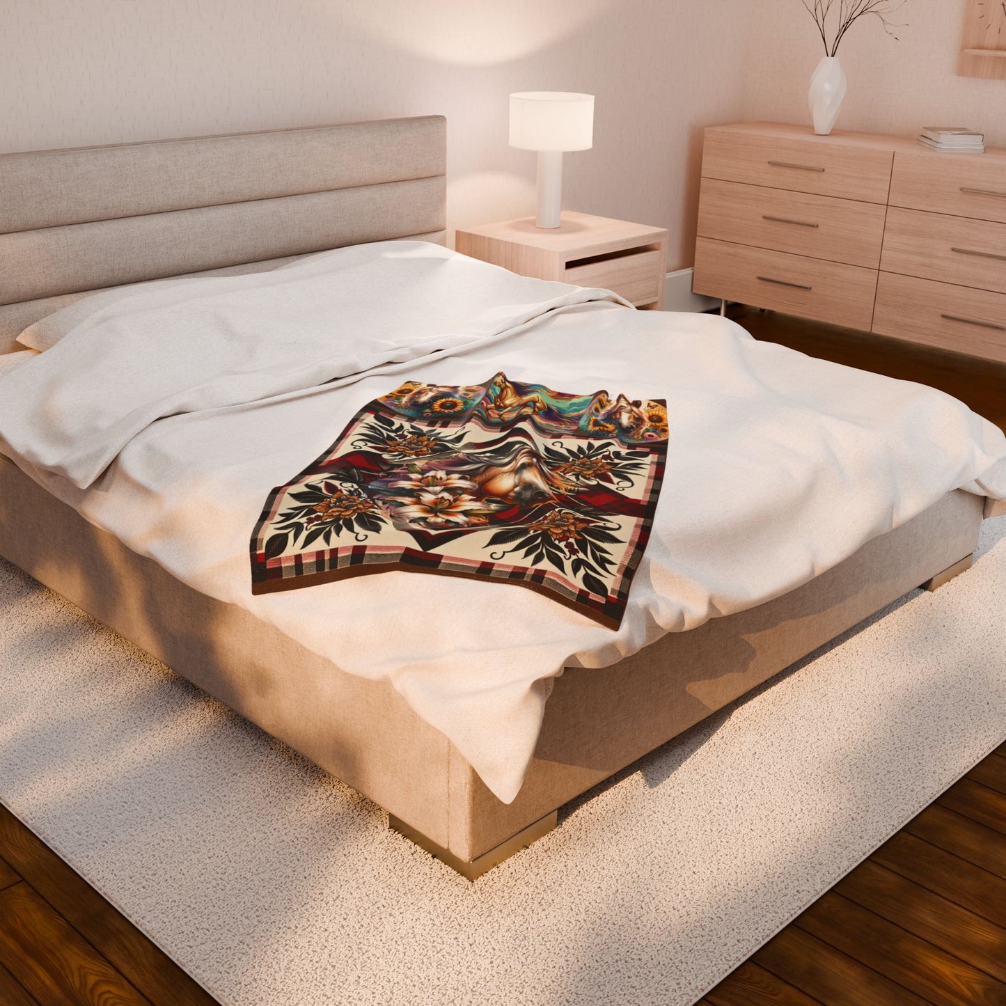 Tan Horse Velveteen Plush Blanket – Tan Horse with Flowers Cozy Western Throw
