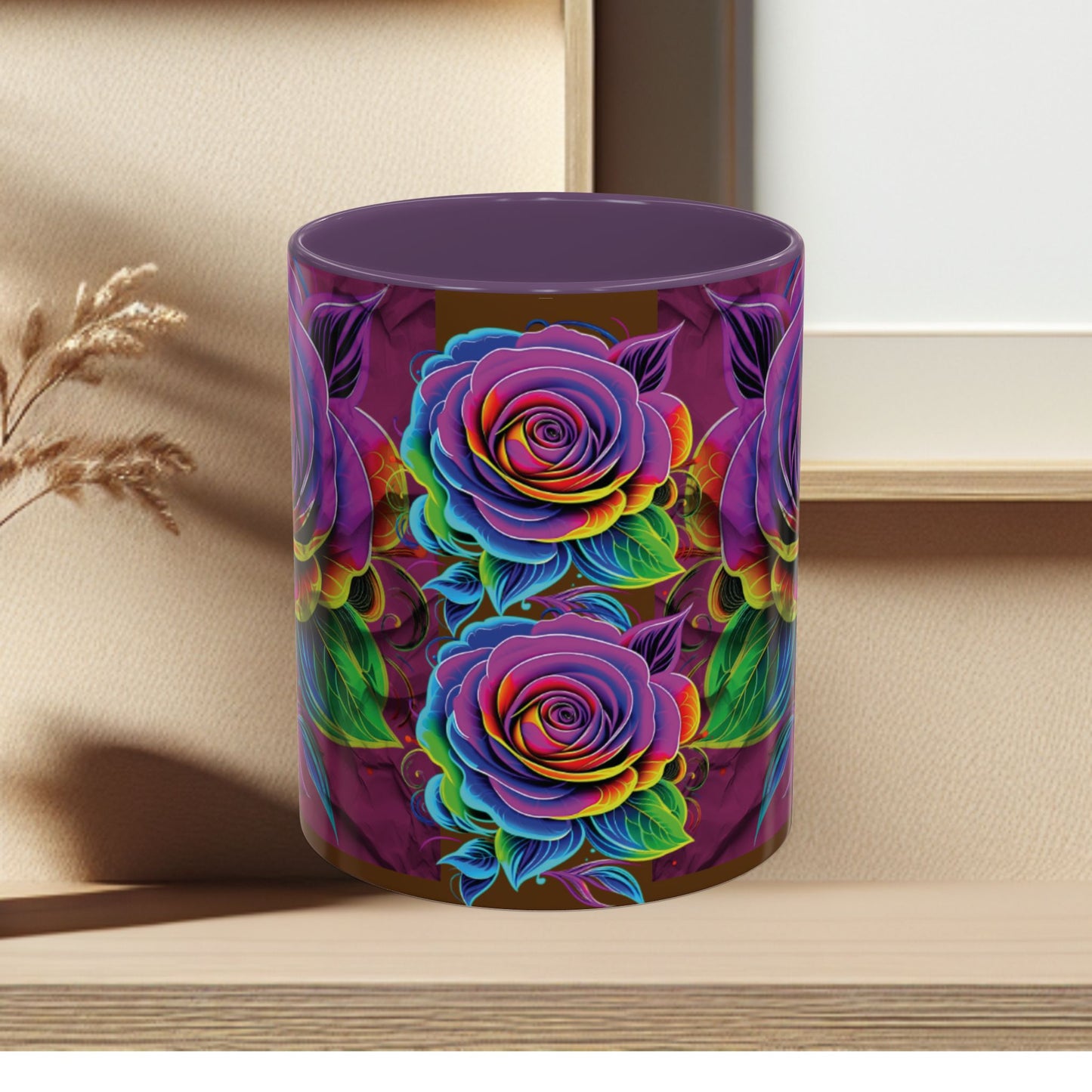 Rainbow Rose Accent Coffee Mug — Colorful Floral 11/15oz